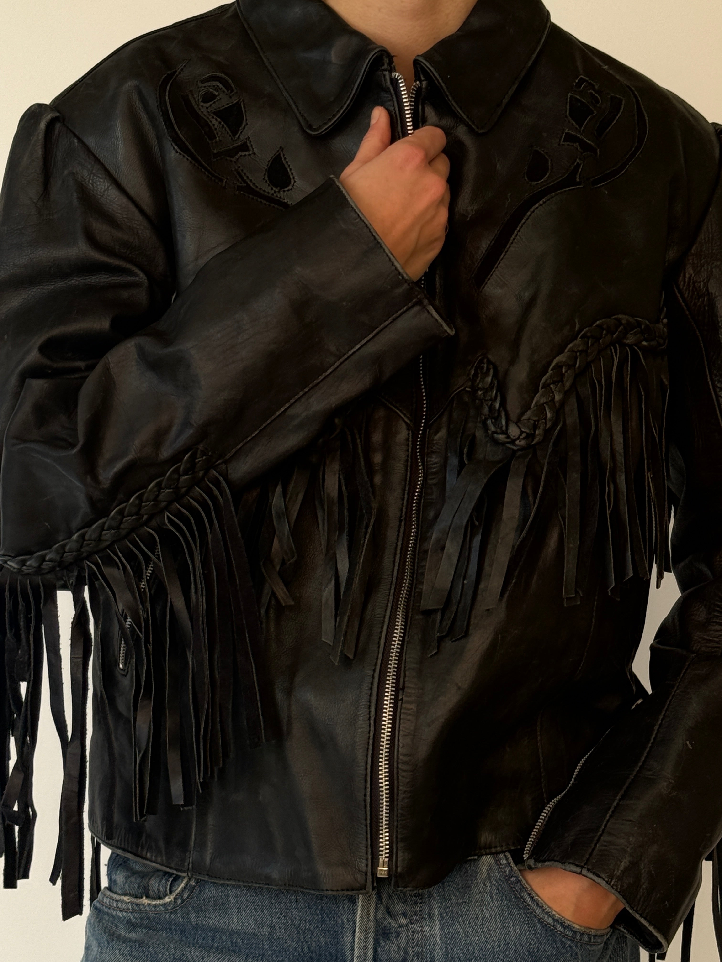 Vintage black leather fringe jacket front view
