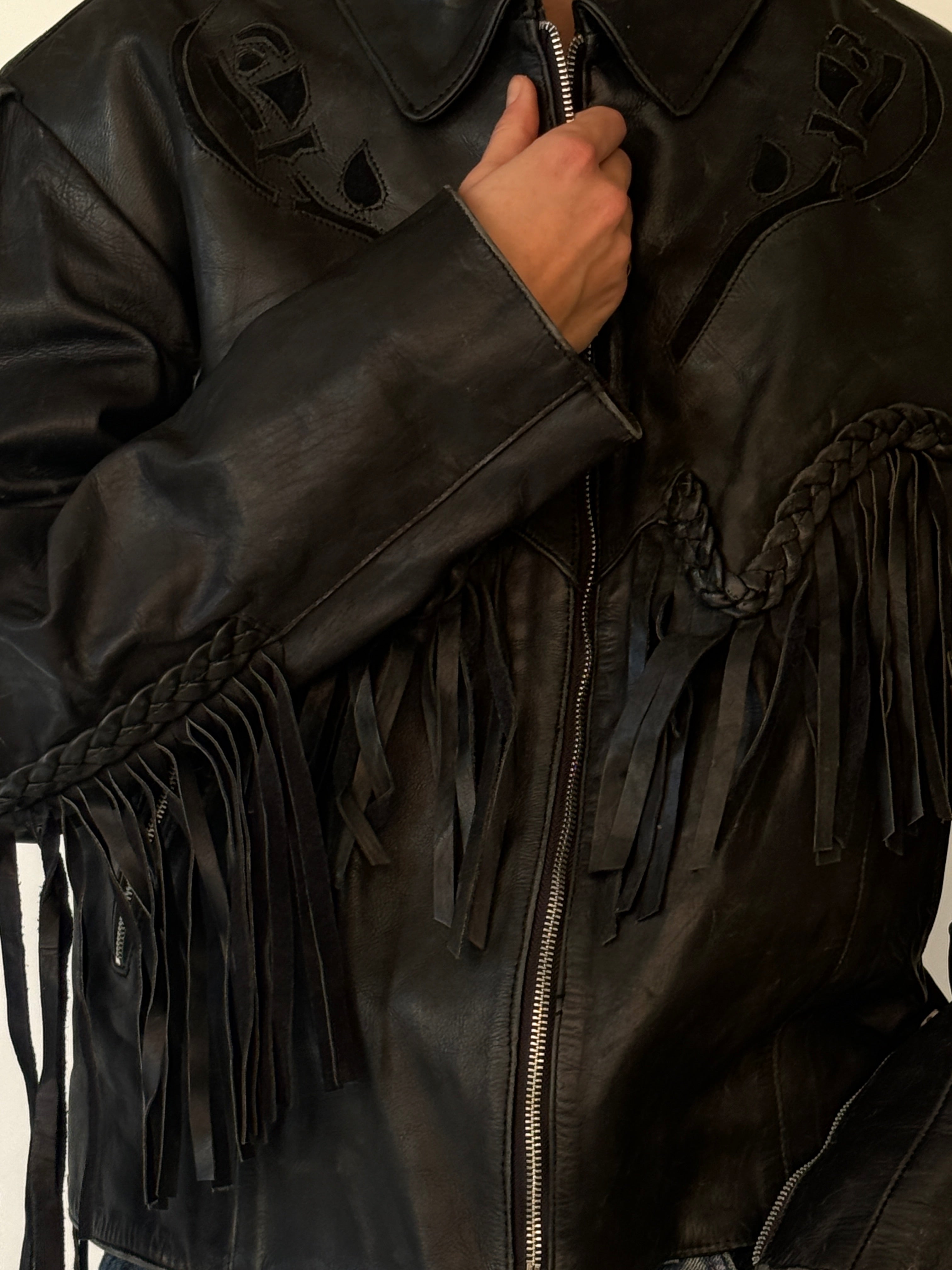 Vintage leather fringe jacket black sleeve detail