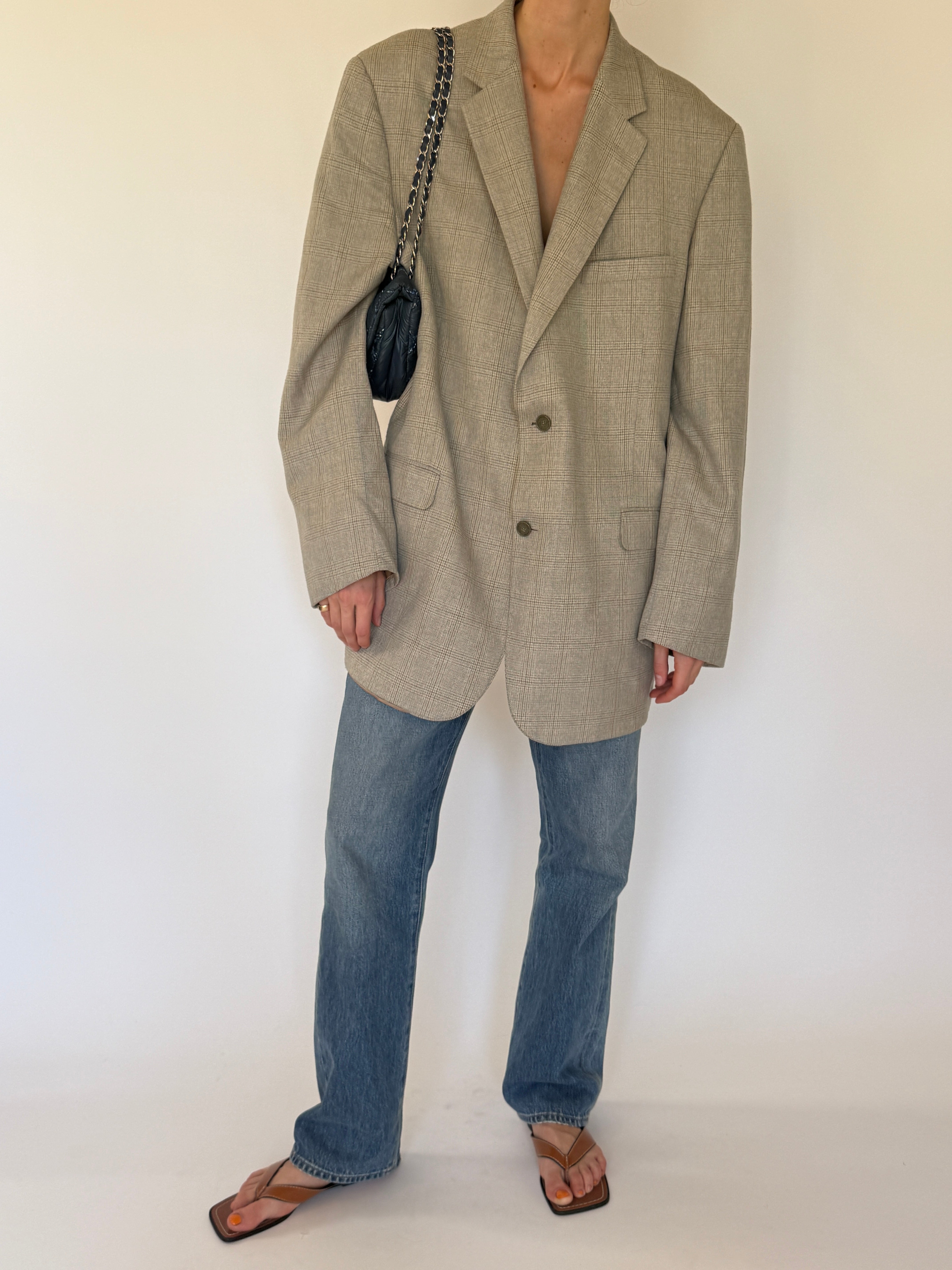 Vintage beige checked oversized blazer front view
