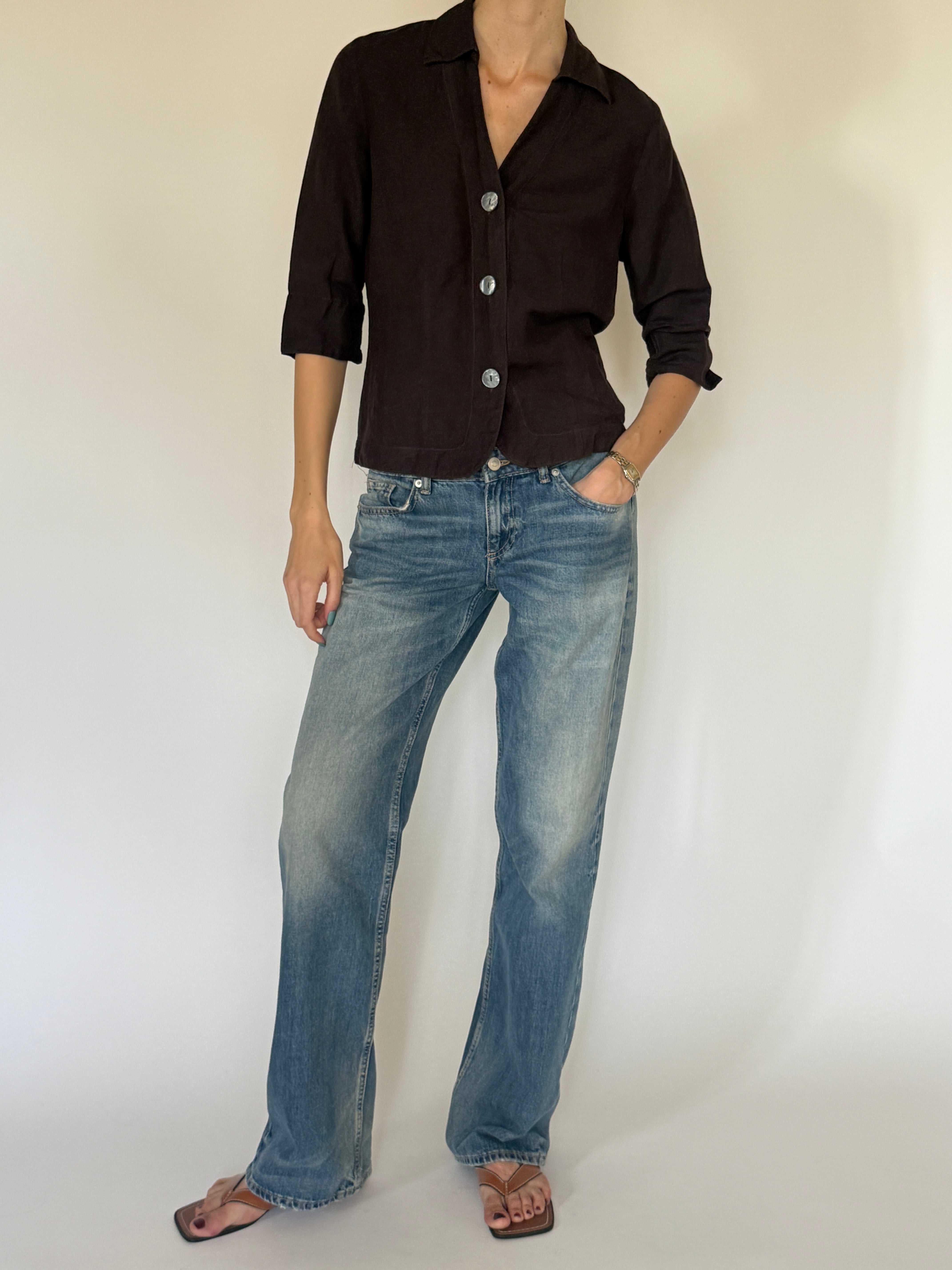 Vintage chocolate brown linen blend blouse front view