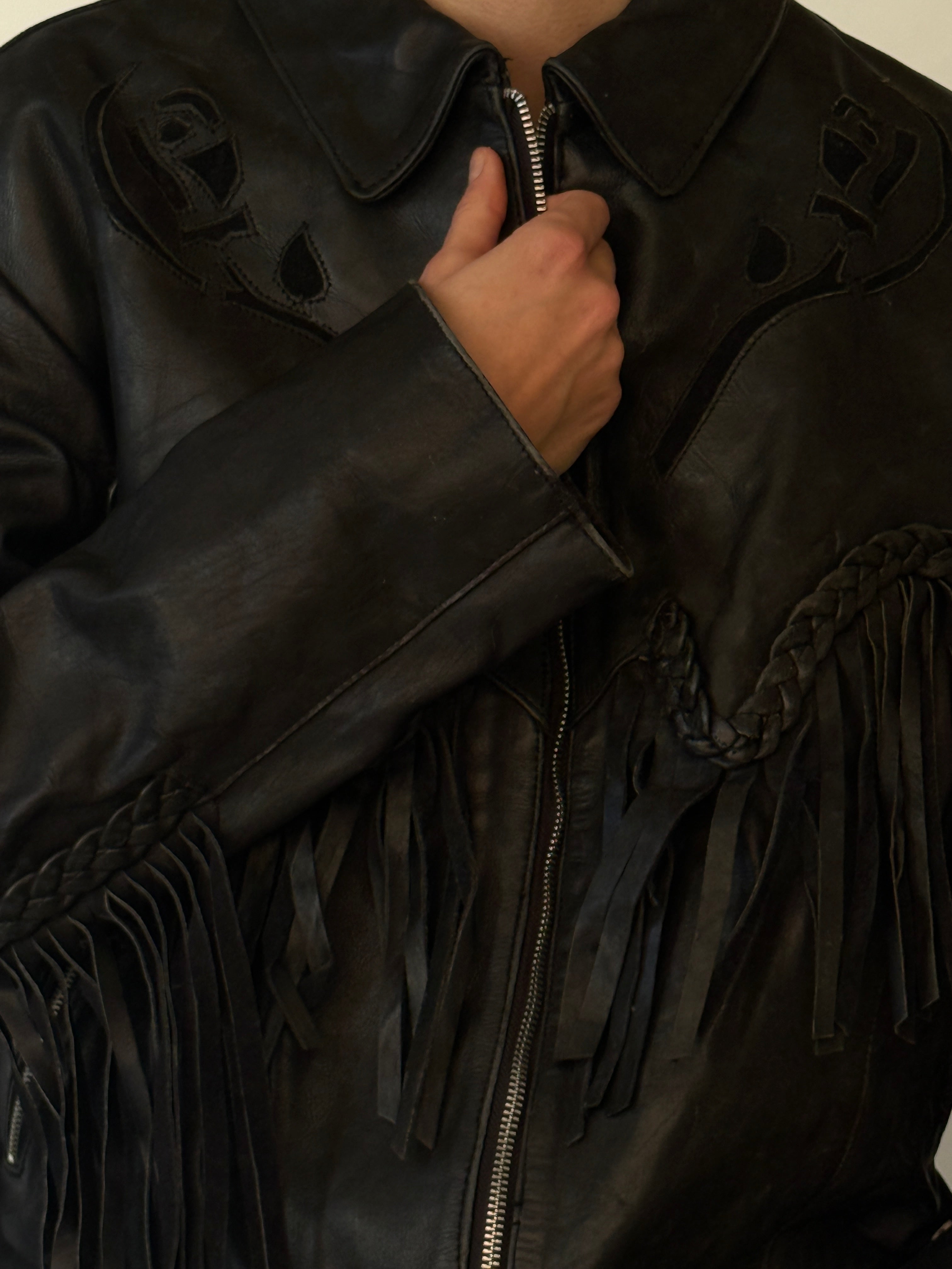 Vintage leather fringe jacket black sleeve detail