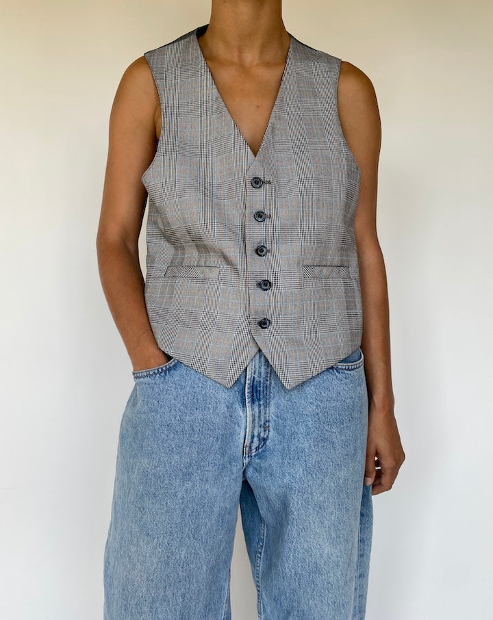 VINTAGE GREY BLUE CHECKED VEST 3321