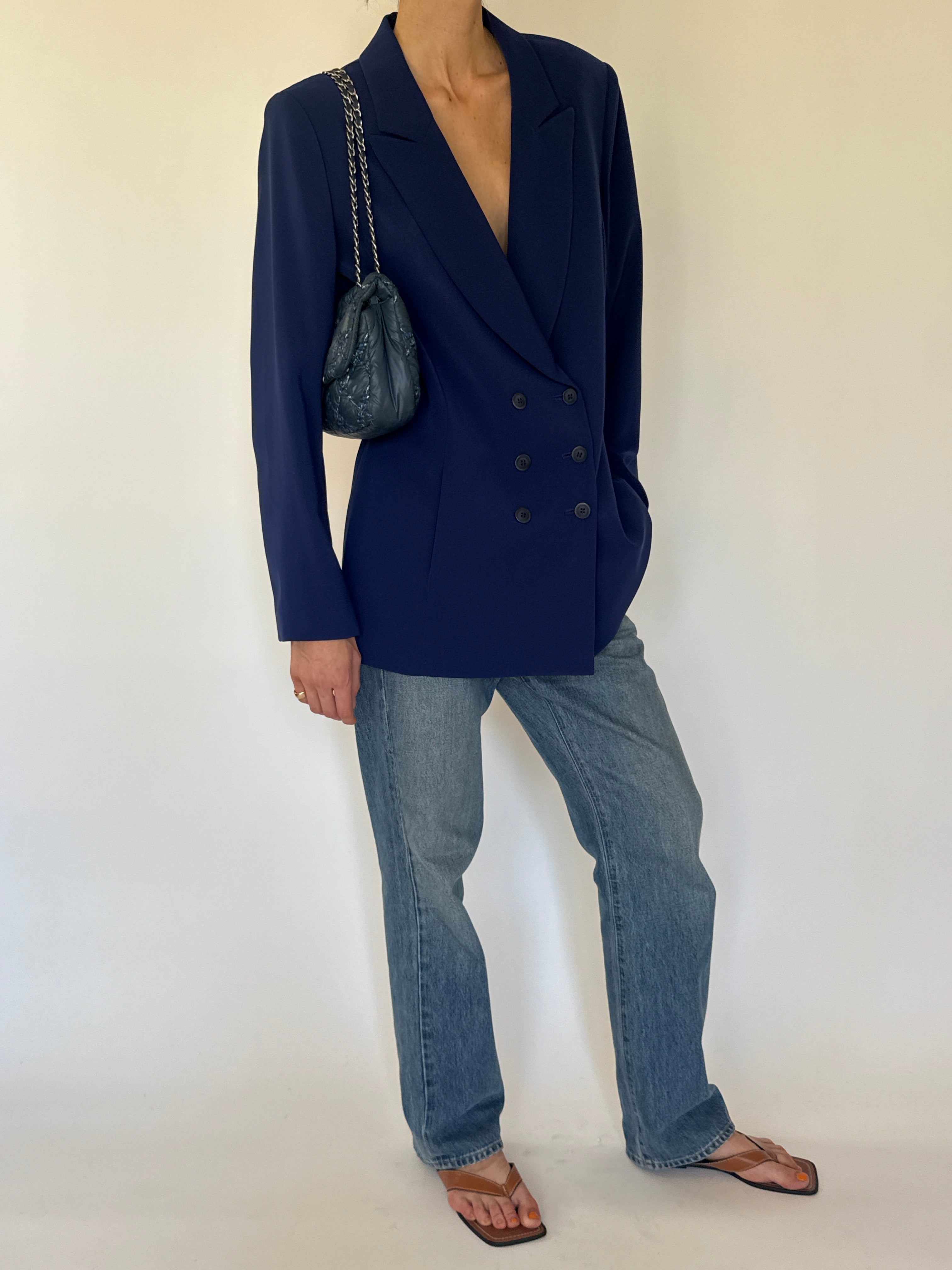 Vintage navy double-breasted blazer side view
