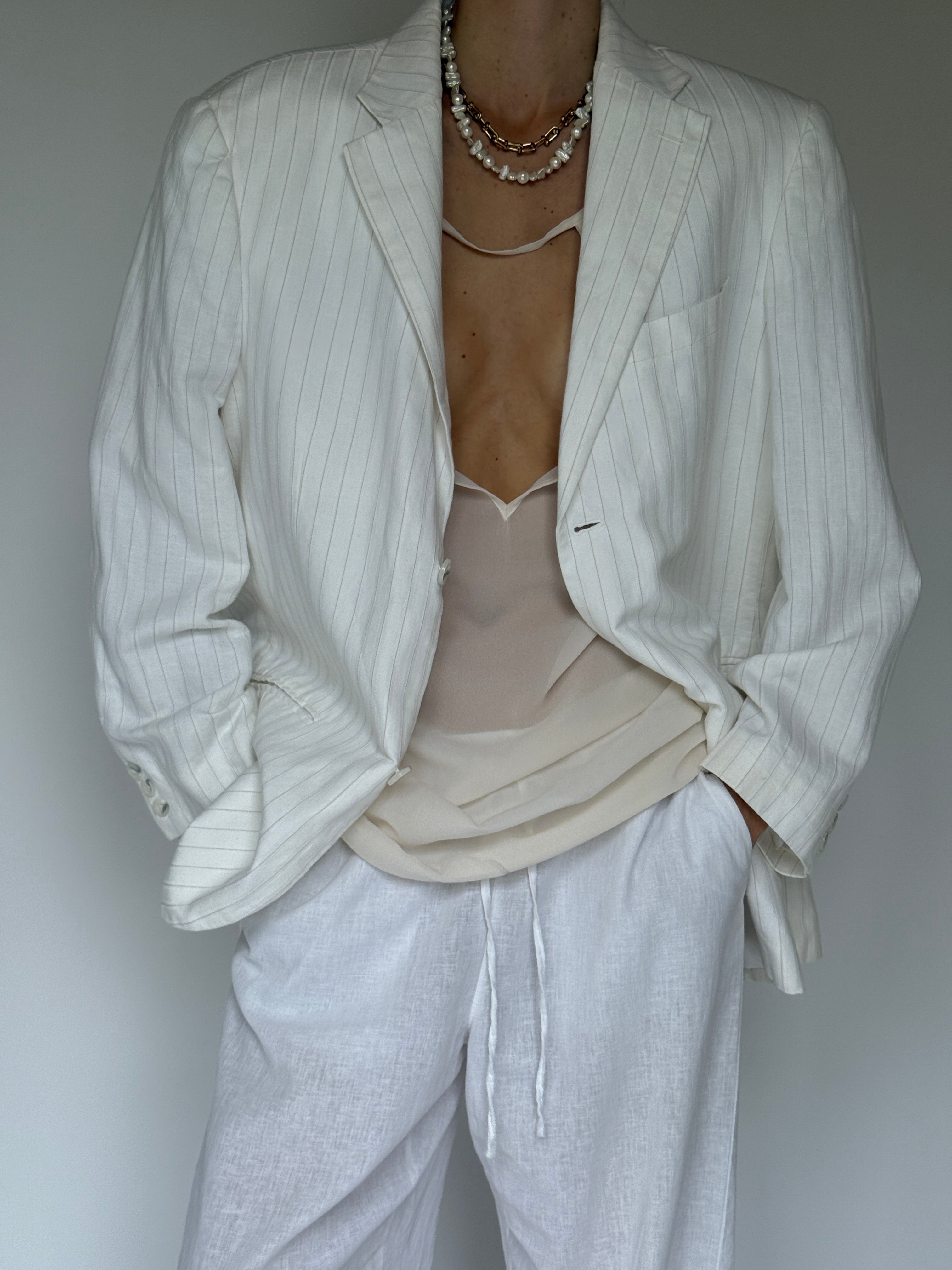 Vintage oversized linen/cotton pinstriped blazer white 6203