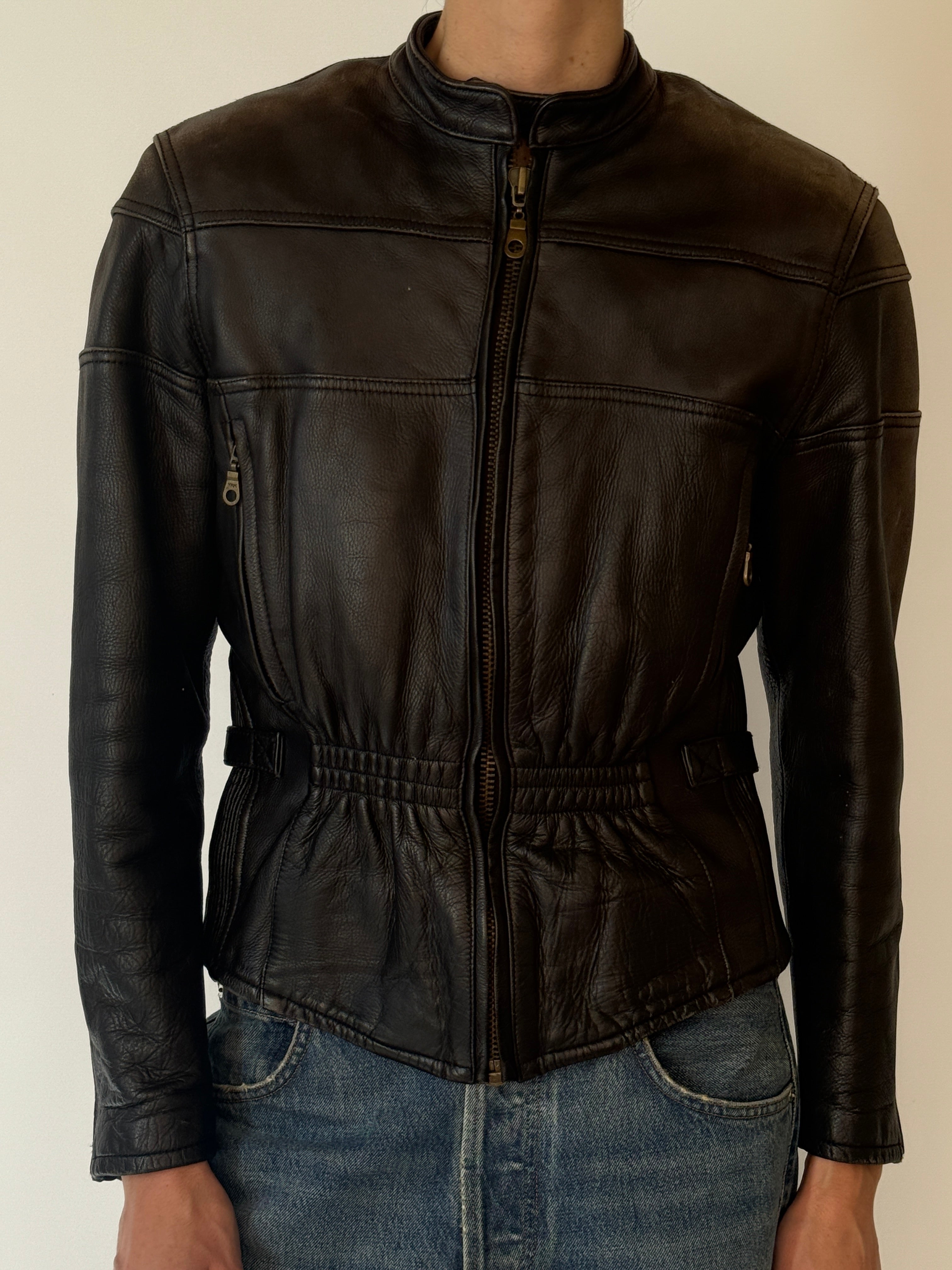Vintage black leather jacket waist detail