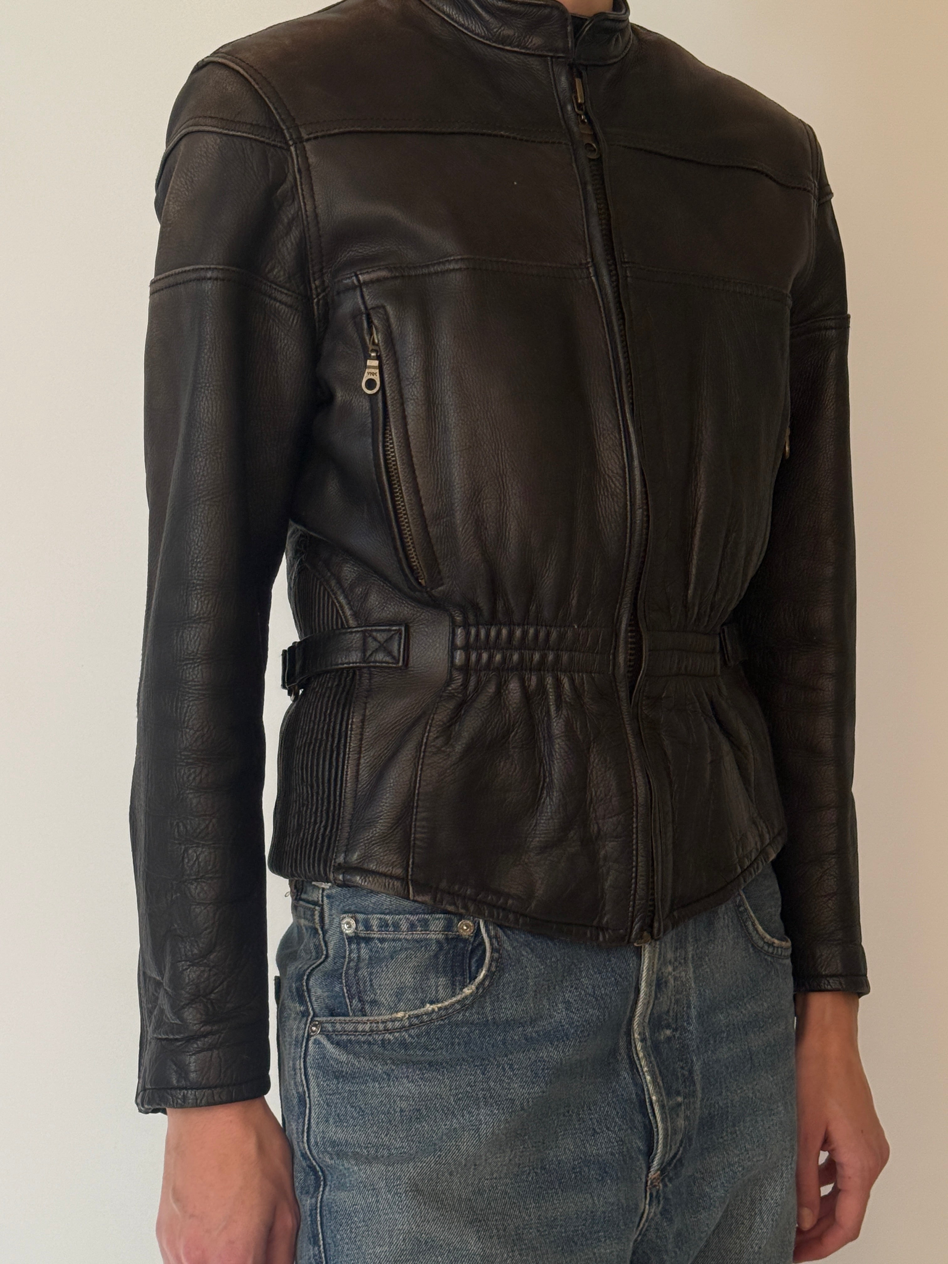 Vintage black leather jacket zipper detail
