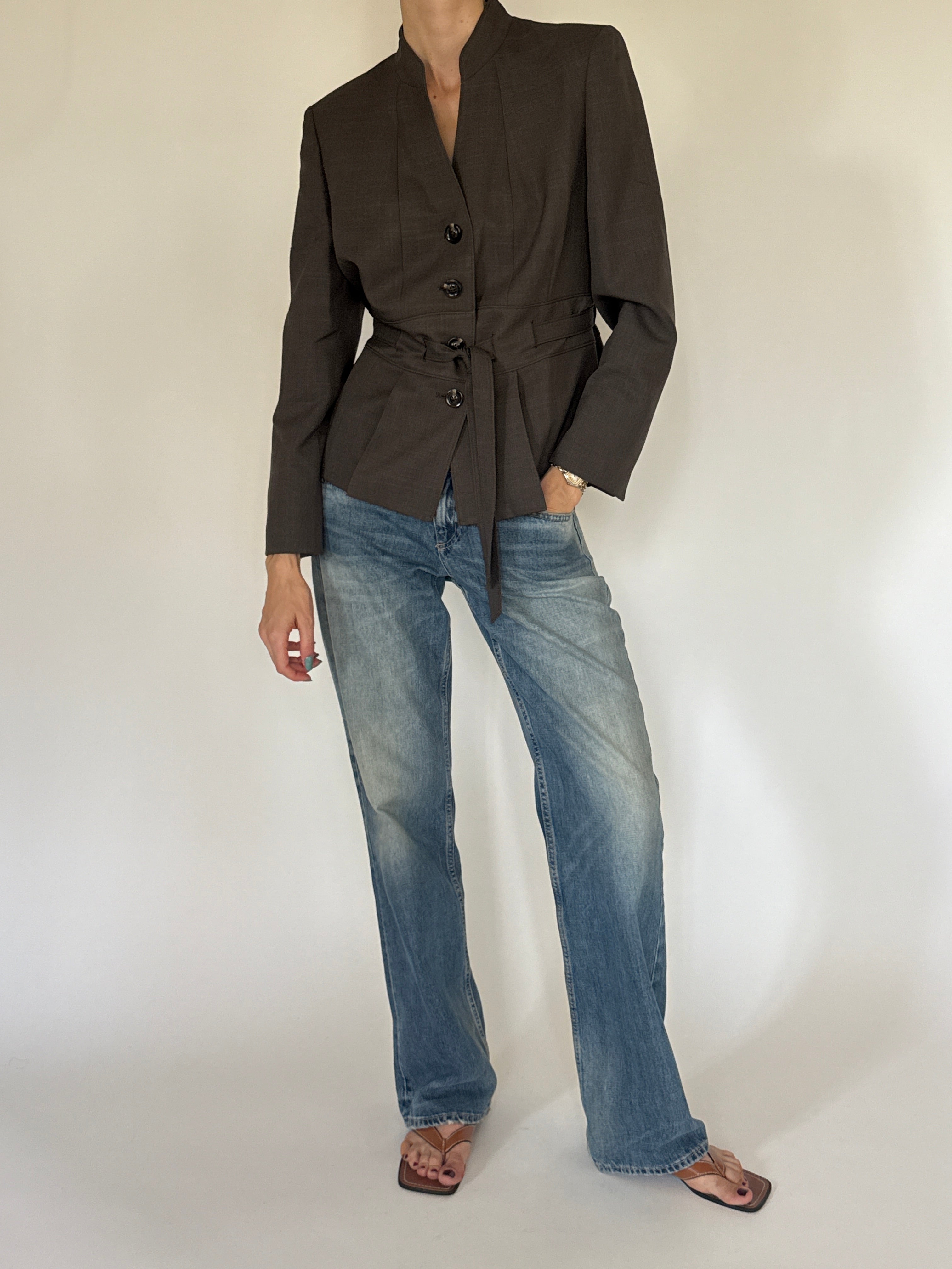 Vintage brown tailored jacket with waist belt detail
