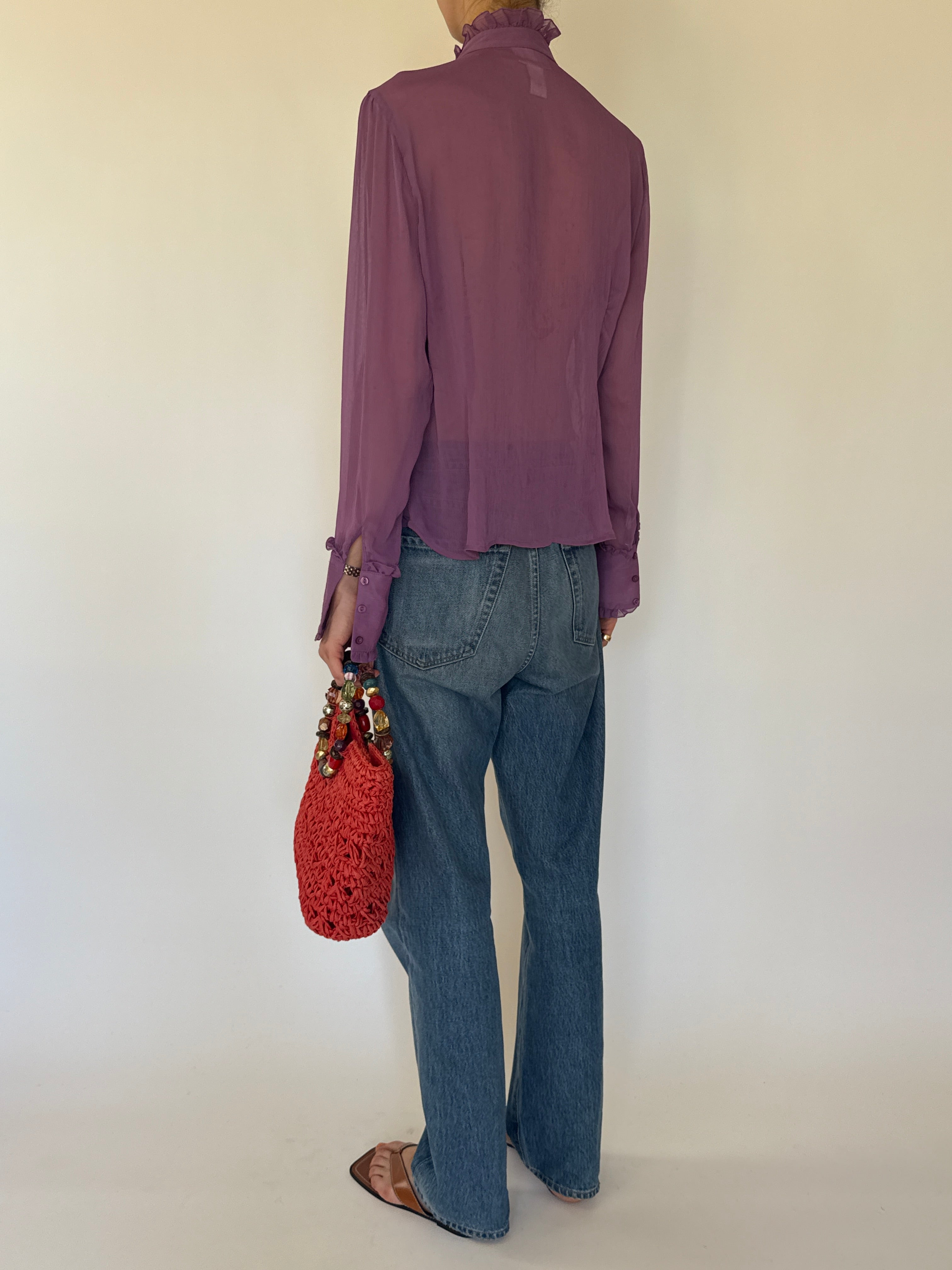 Vintage mauve sheer ruffled blouse back view