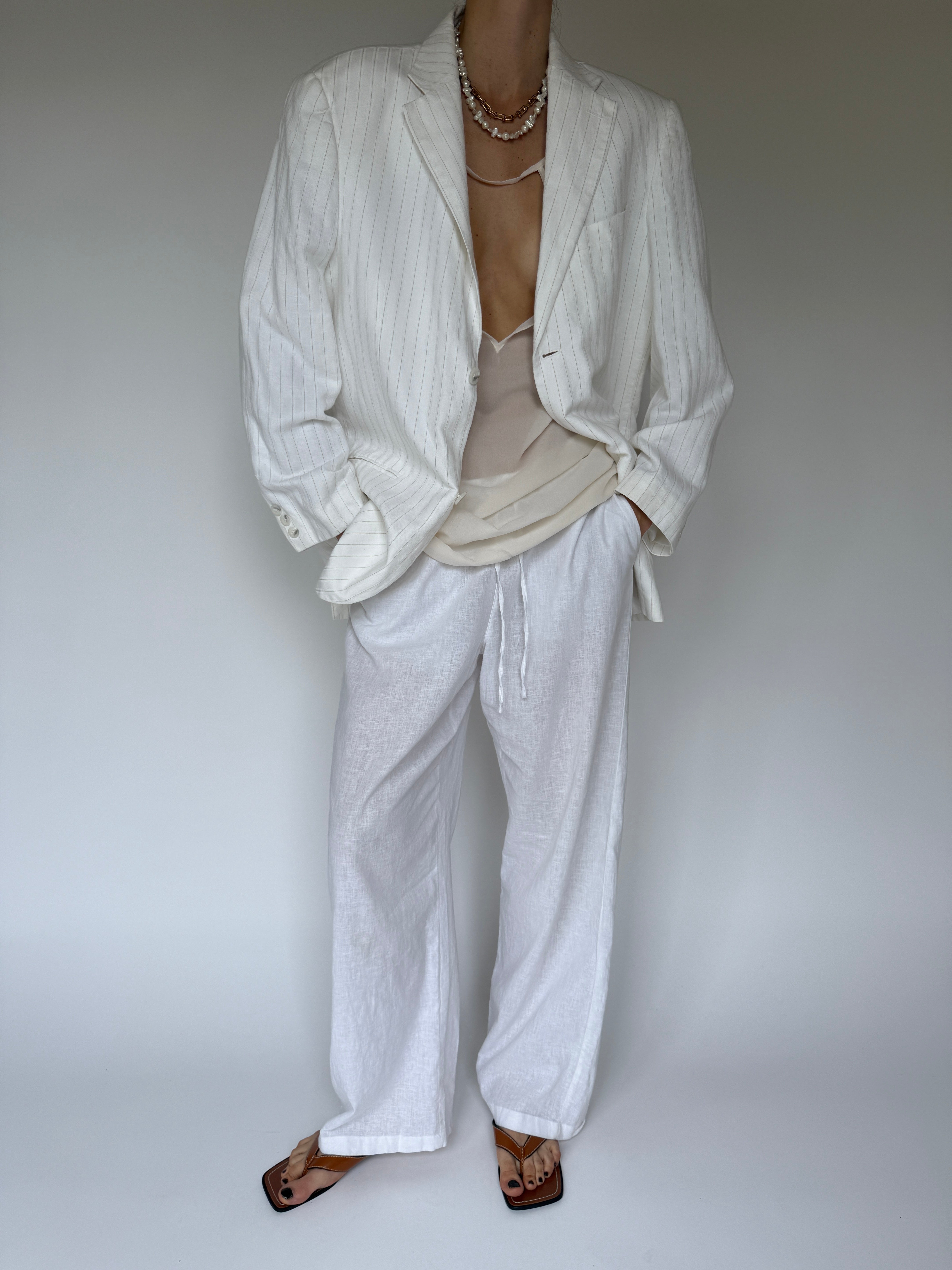 Vintage oversized linen/cotton pinstriped blazer white 6203