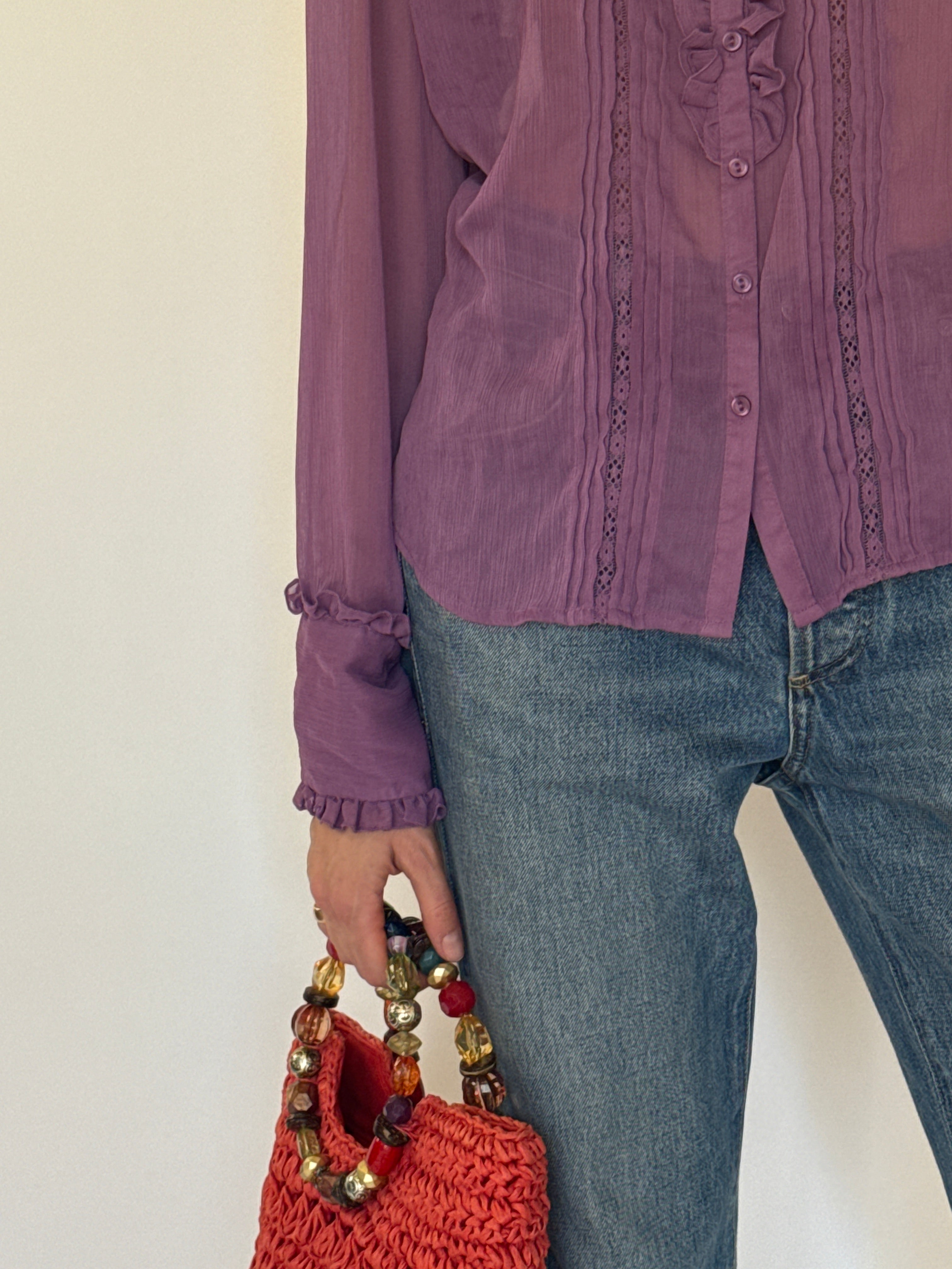 Vintage mauve sheer ruffled blouse cuff detail