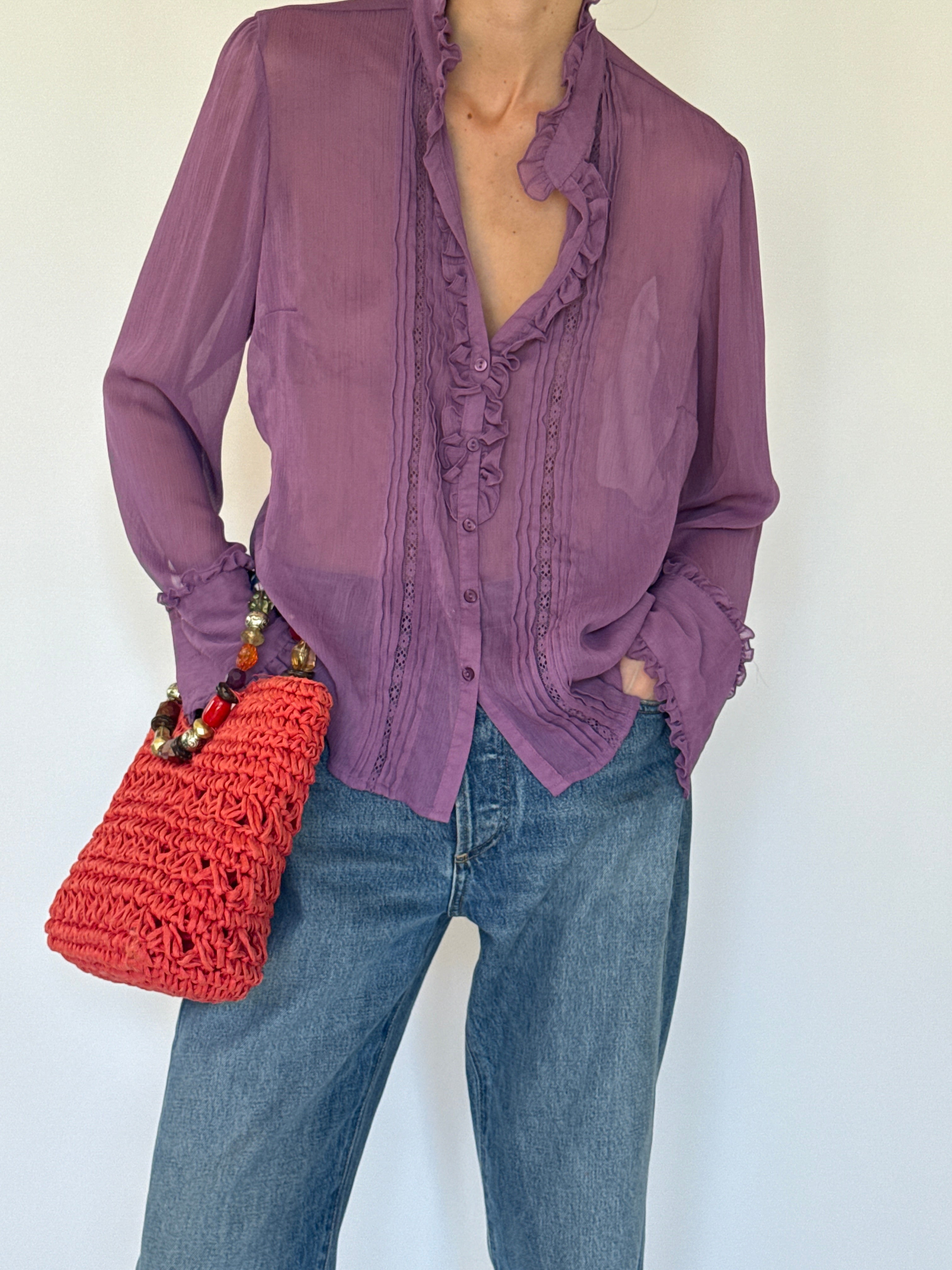 Vintage mauve sheer ruffled blouse collar detail