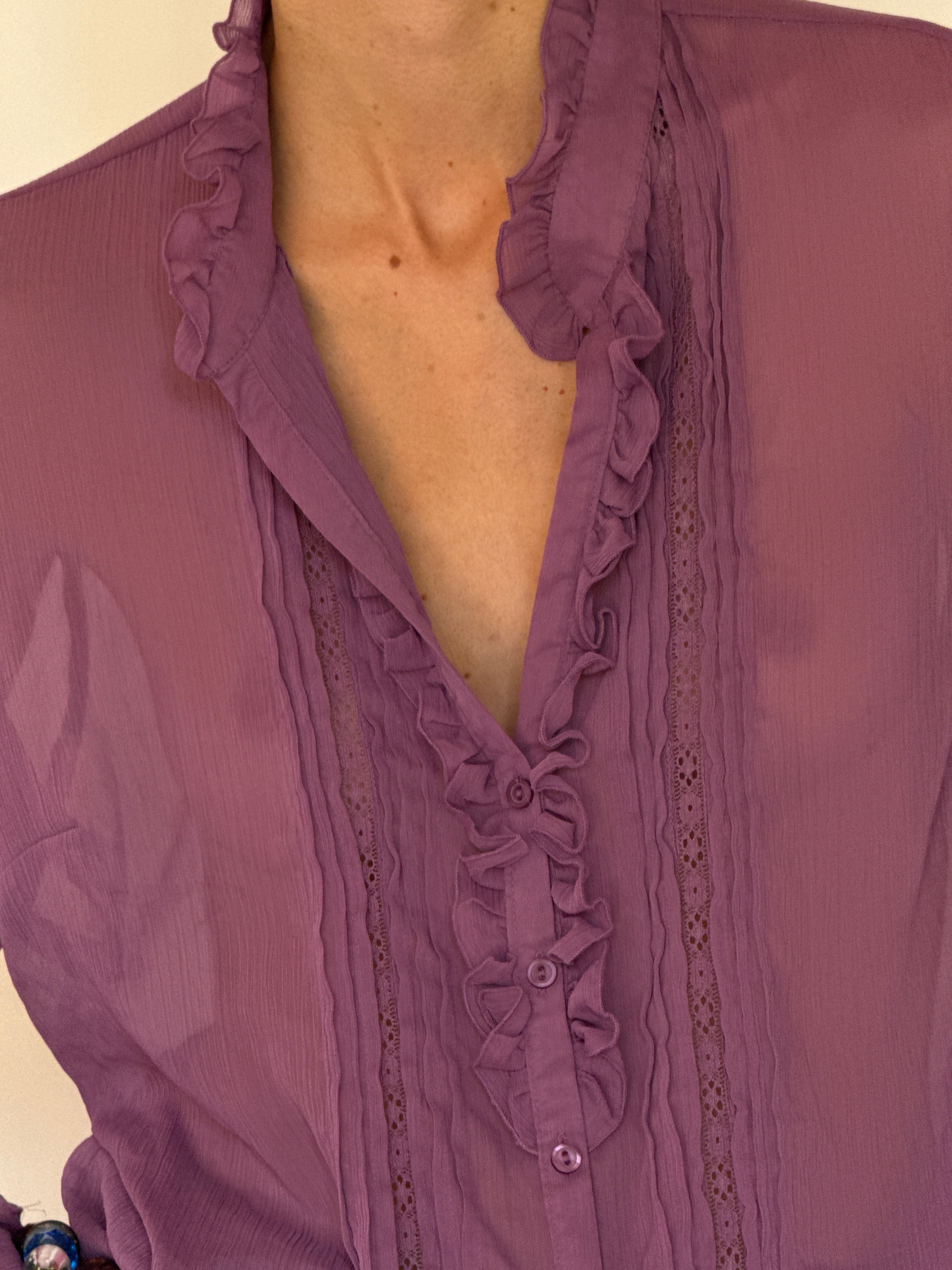 Vintage mauve sheer ruffled blouse lace panel detail