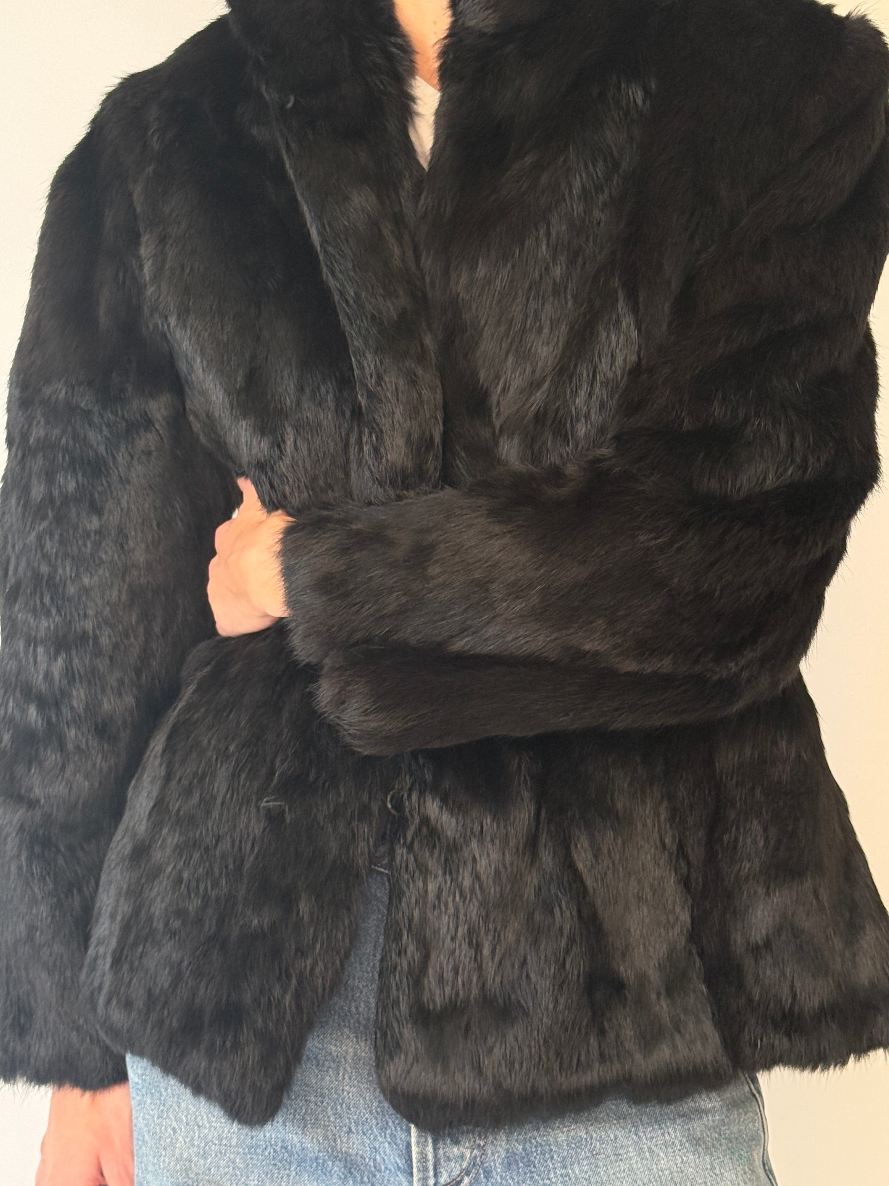 Vintage black genuine fur jacket front view