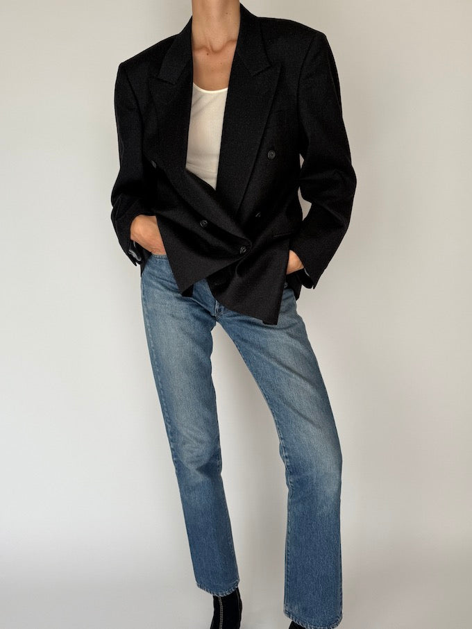 Vintage Double-Breasted Pure Wool Blazer Dark Grey 6413