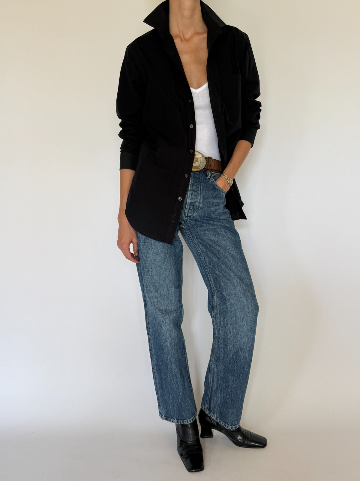 Vintage black button-up shirt front view styled open