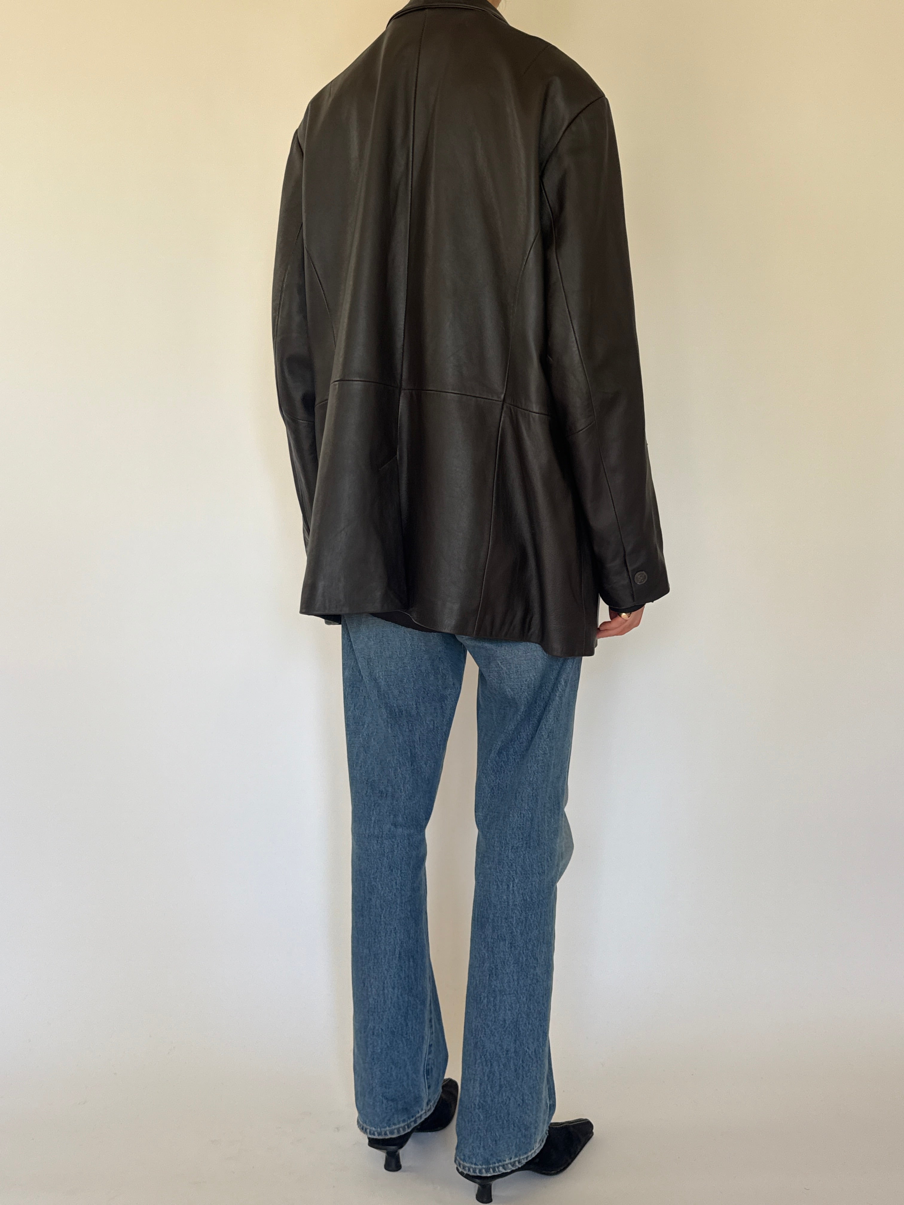 Vintage dark brown leather blazer back view
