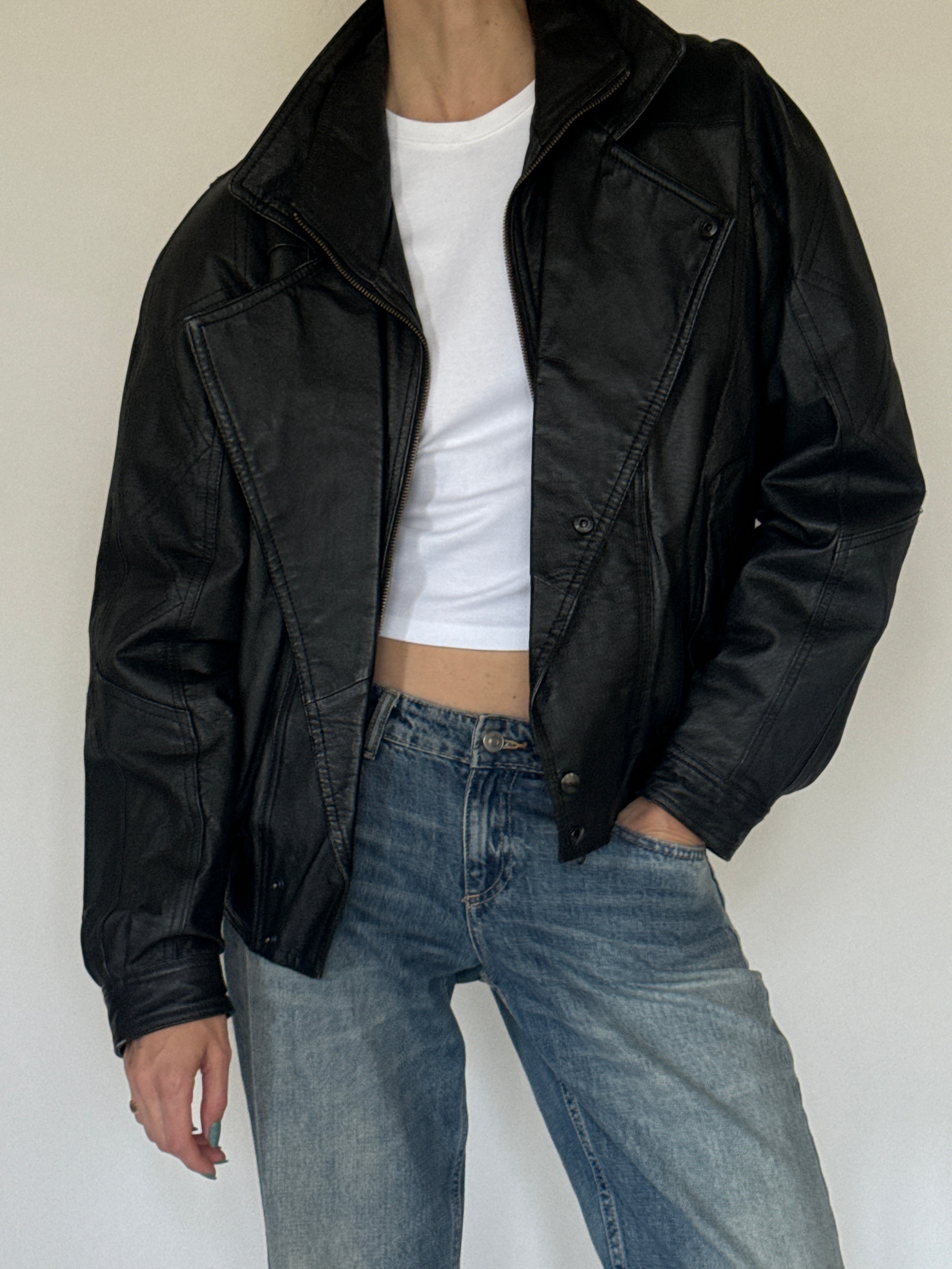 Vintage oversized black leather bomber jacket open collar detail
