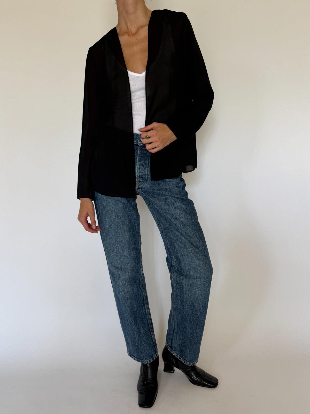 Vintage sheer black open-front jacket front view