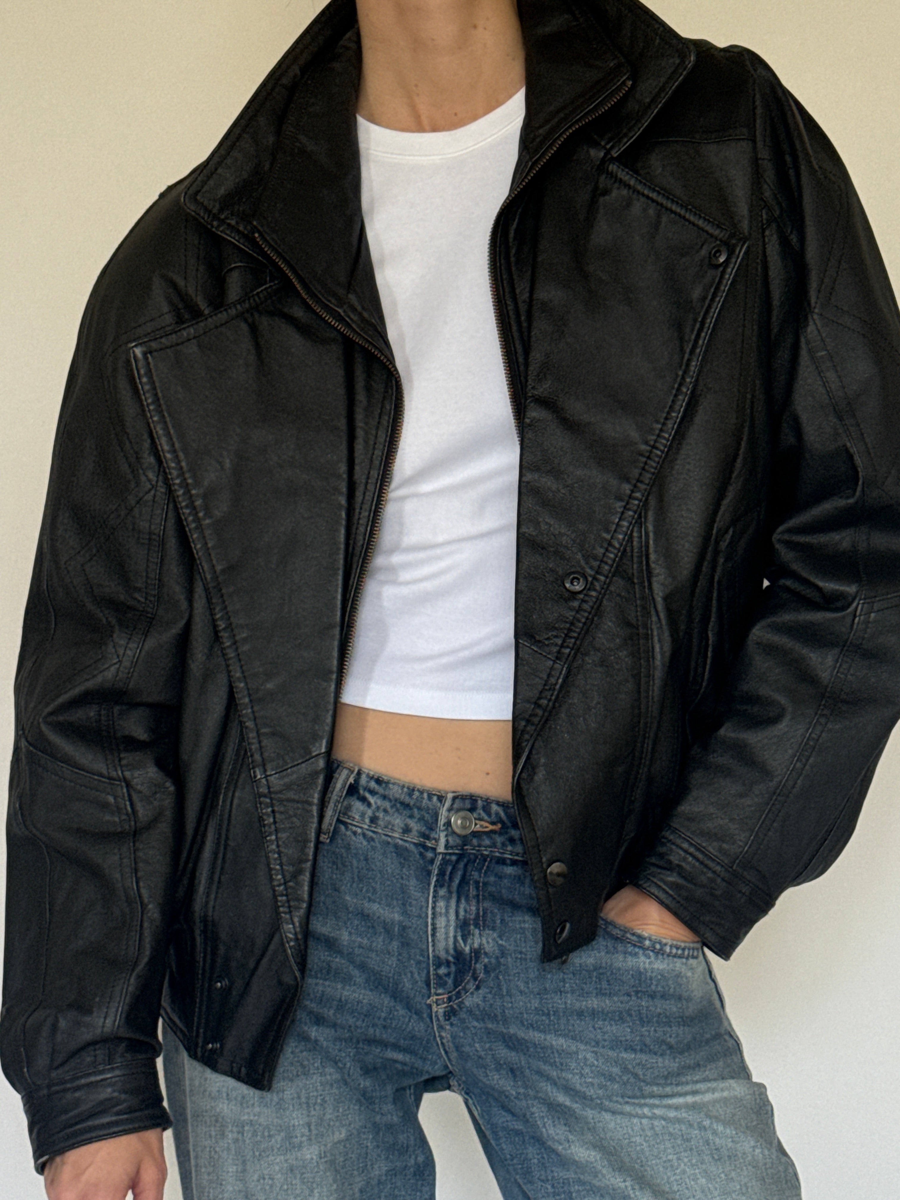Vintage oversized black leather bomber jacket front view