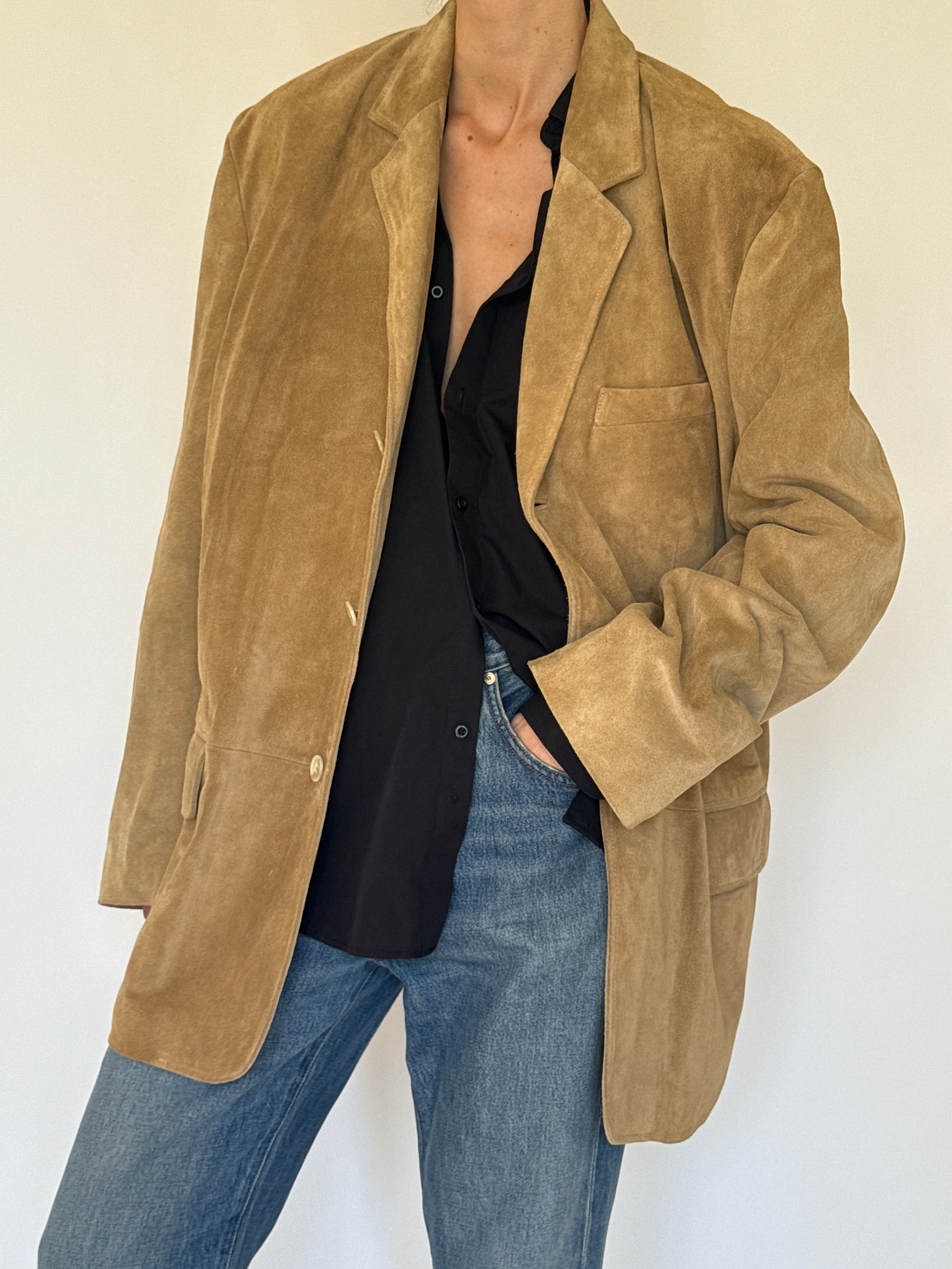 Vintage camel suede leather oversized blazer front view