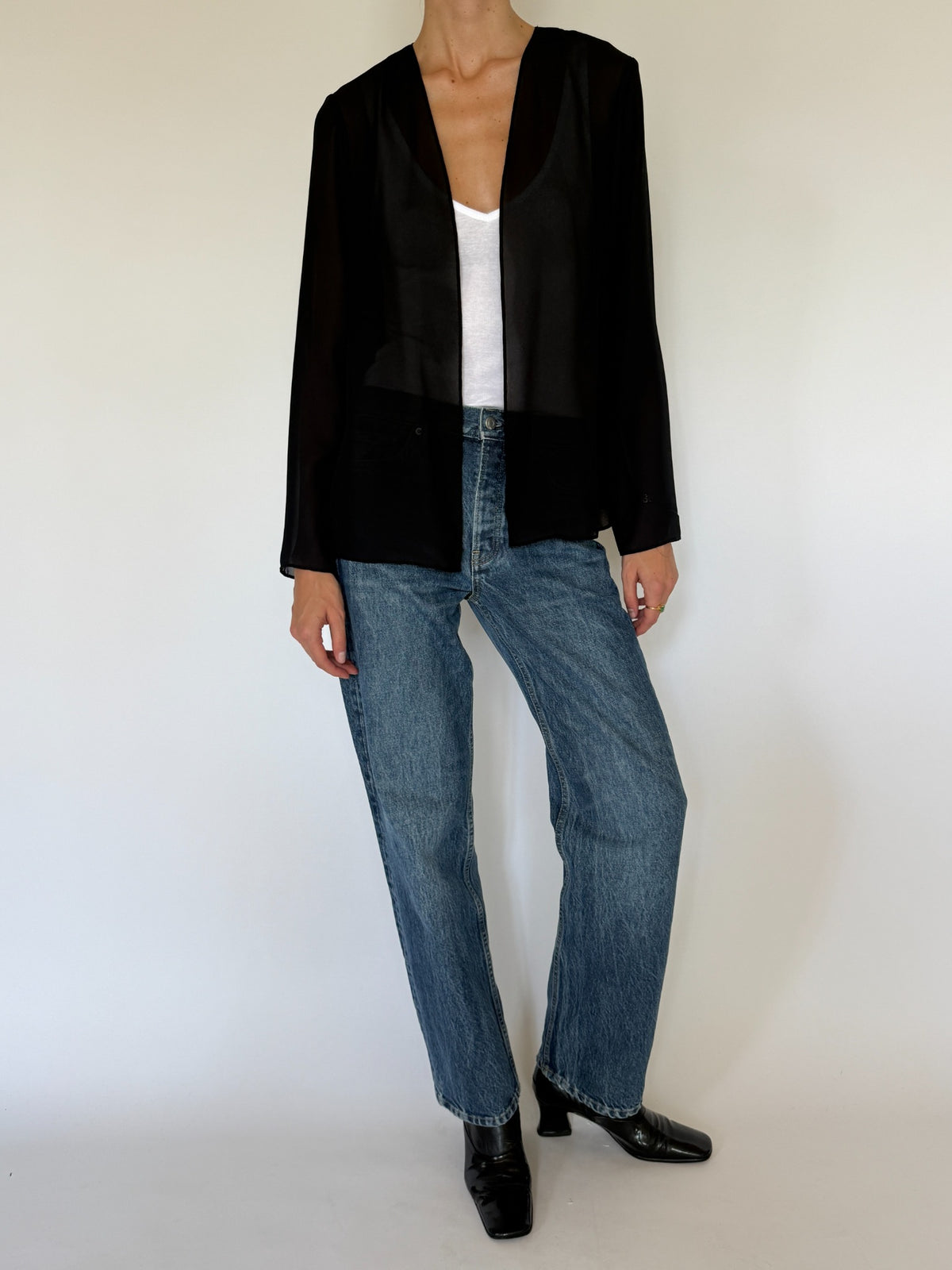 Vintage sheer black jacket styled front angle