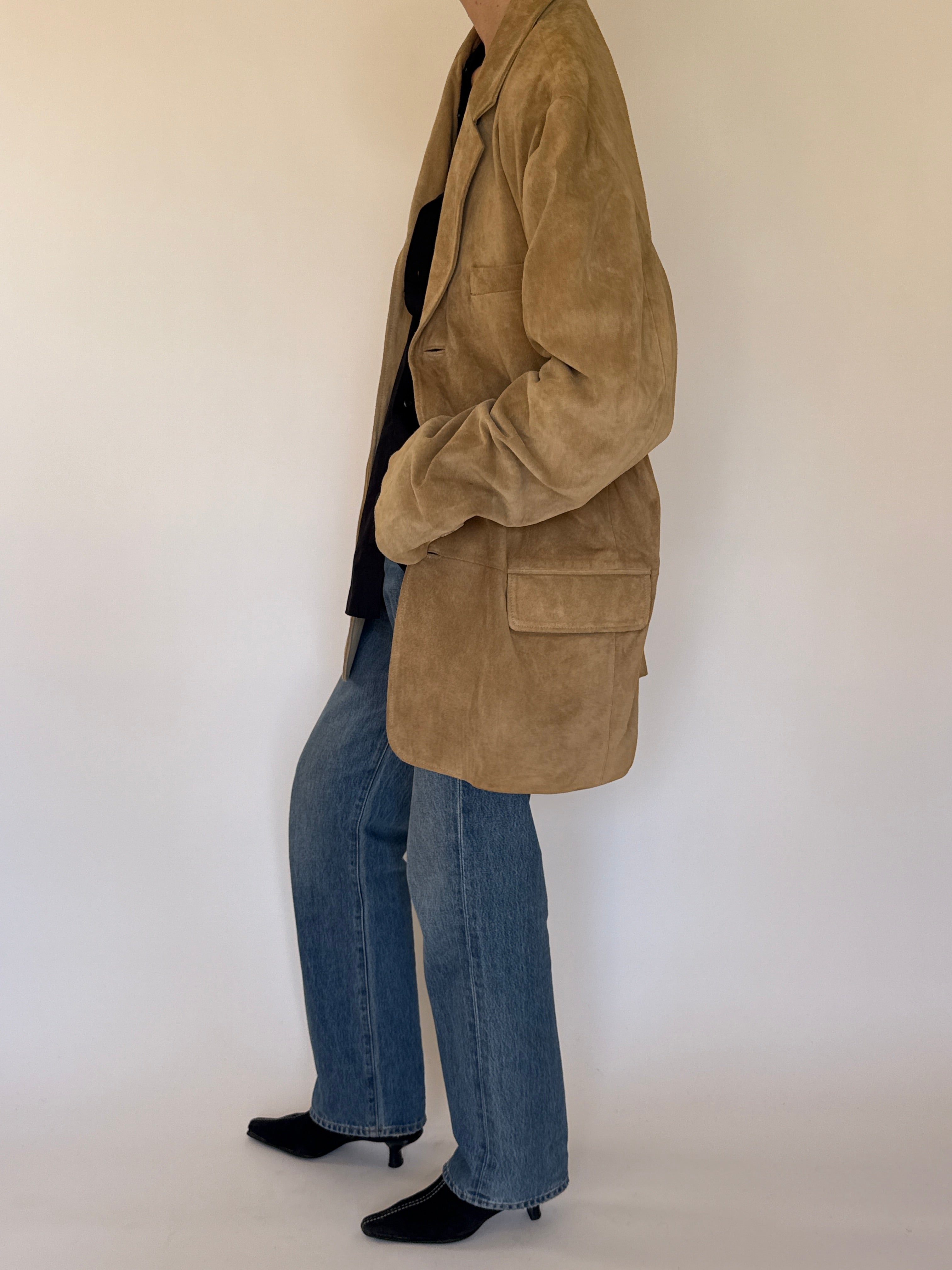 Vintage camel suede leather oversized blazer side view