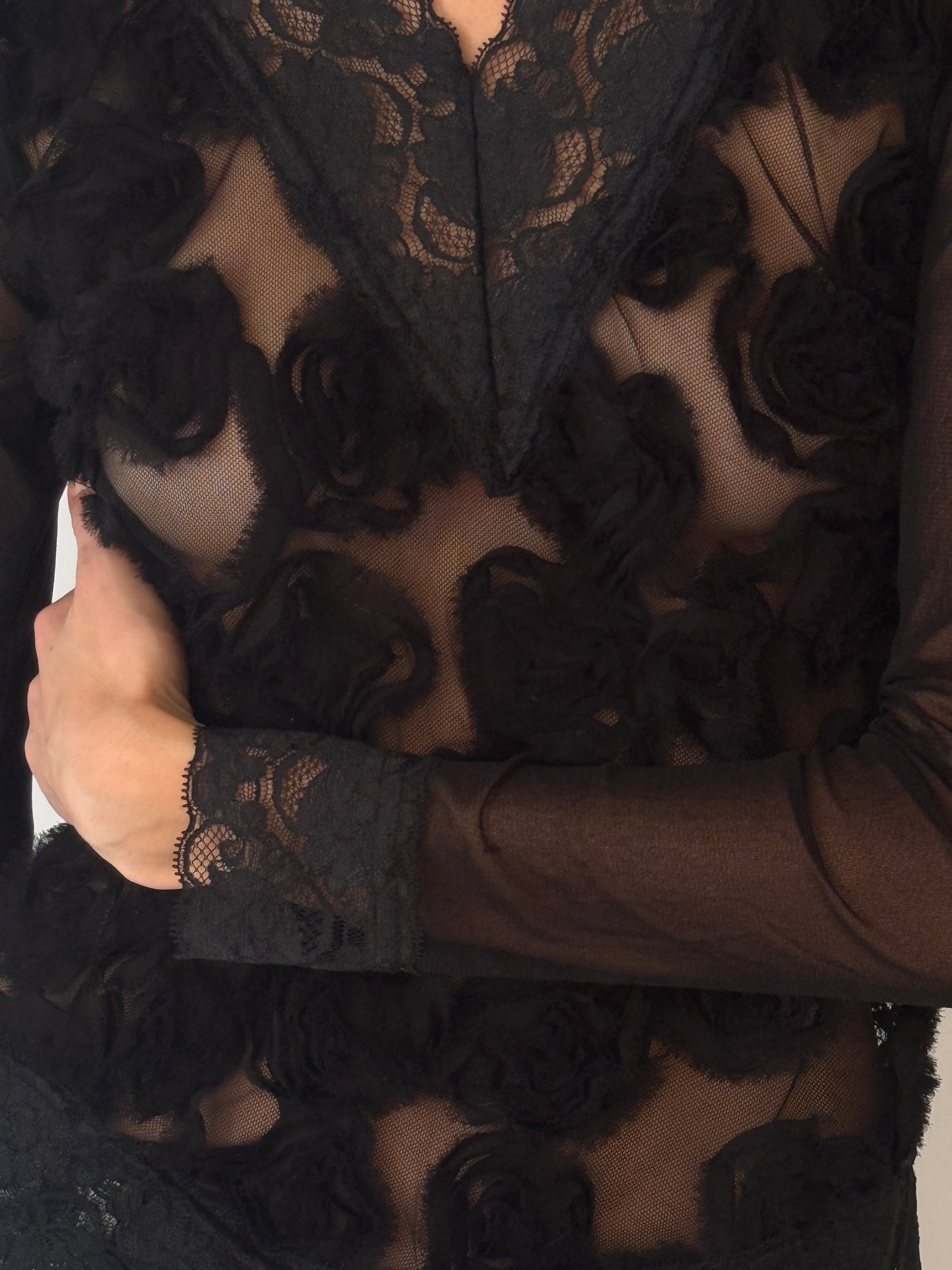 Vintage black sheer lace rosette top front view