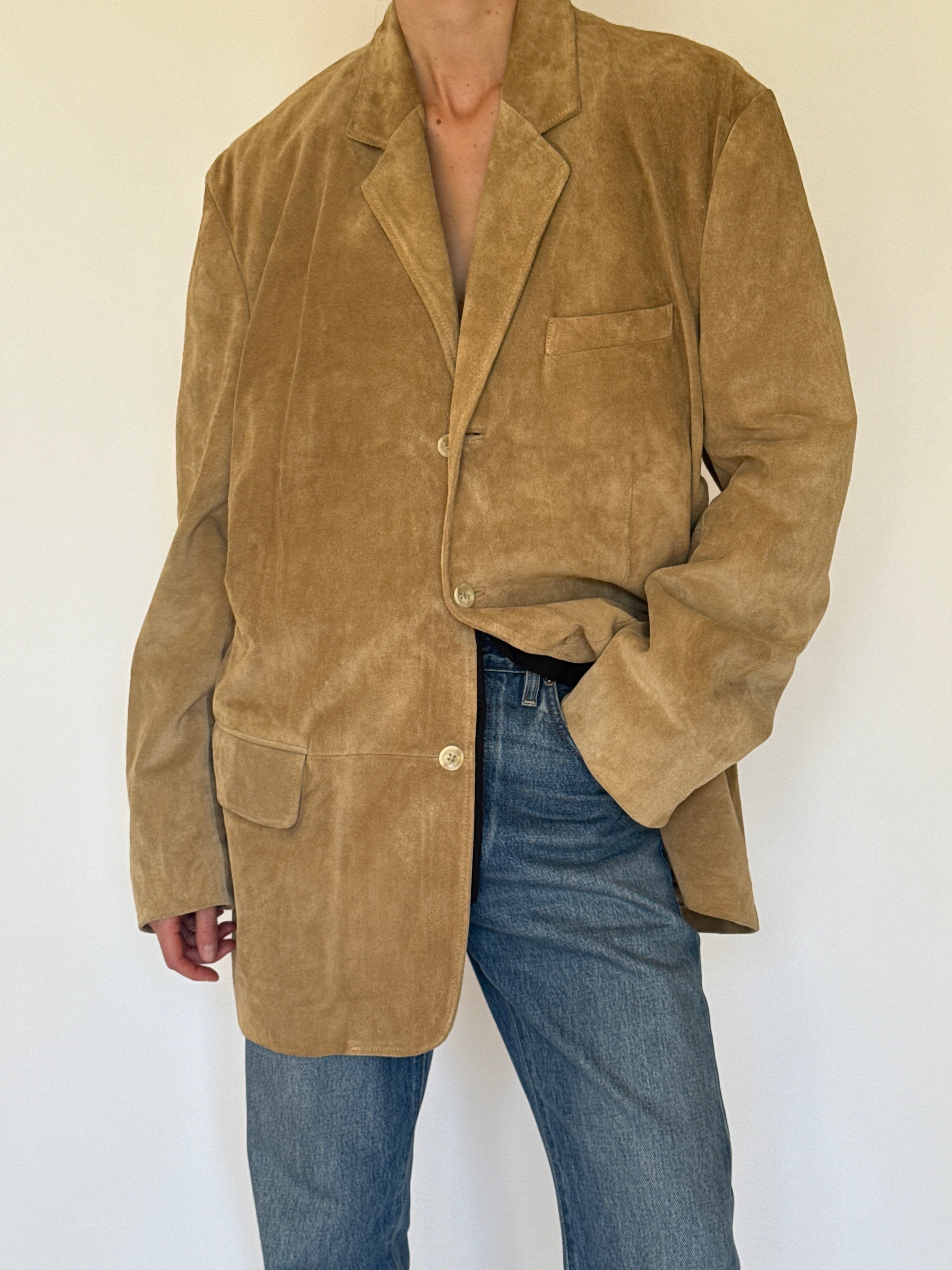 Vintage camel suede leather oversized blazer front view
