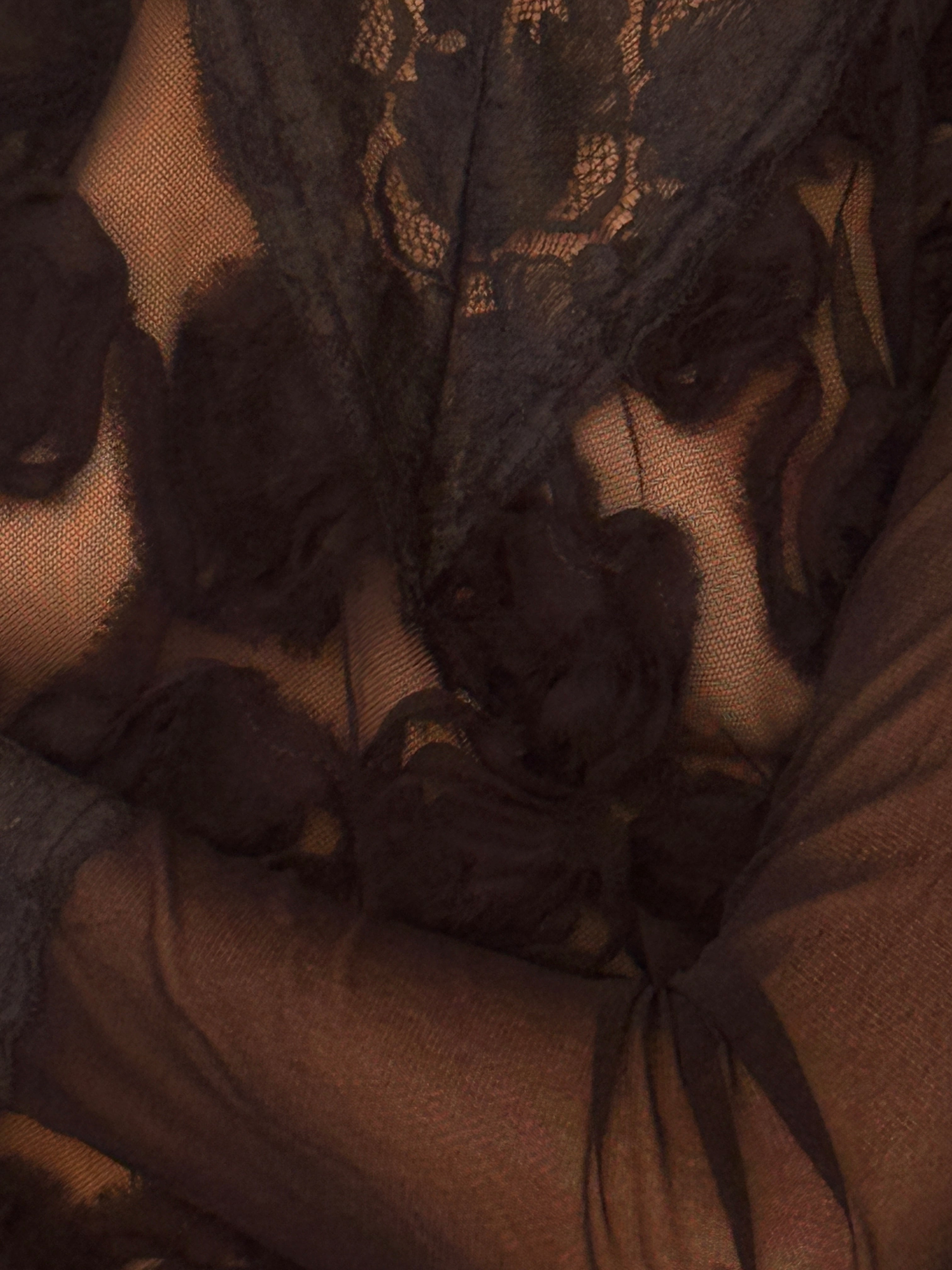 Vintage black lace V-neck detail close-up