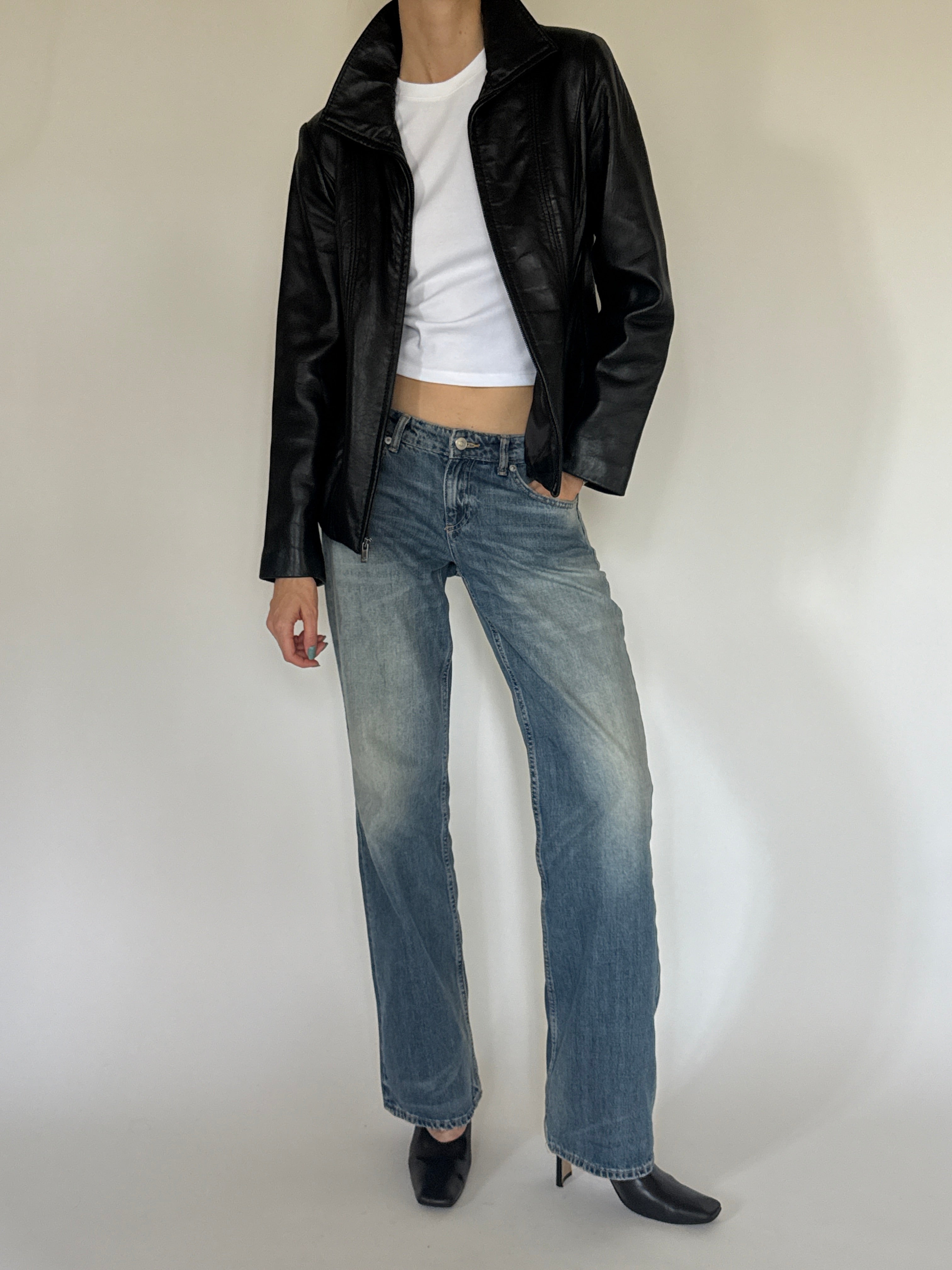 Vintage black leather jacket front view