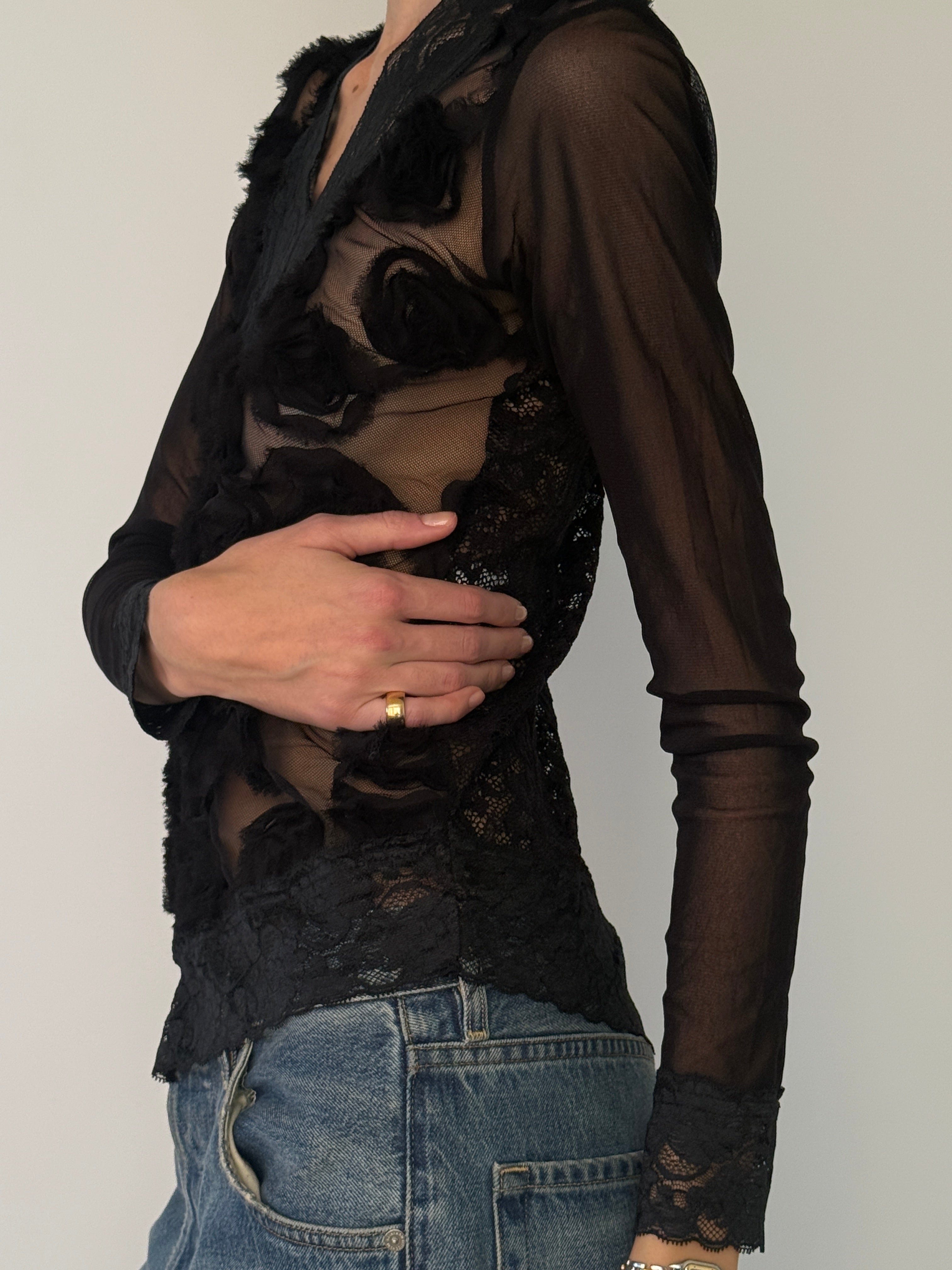 Vintage black sheer lace rosette top side view