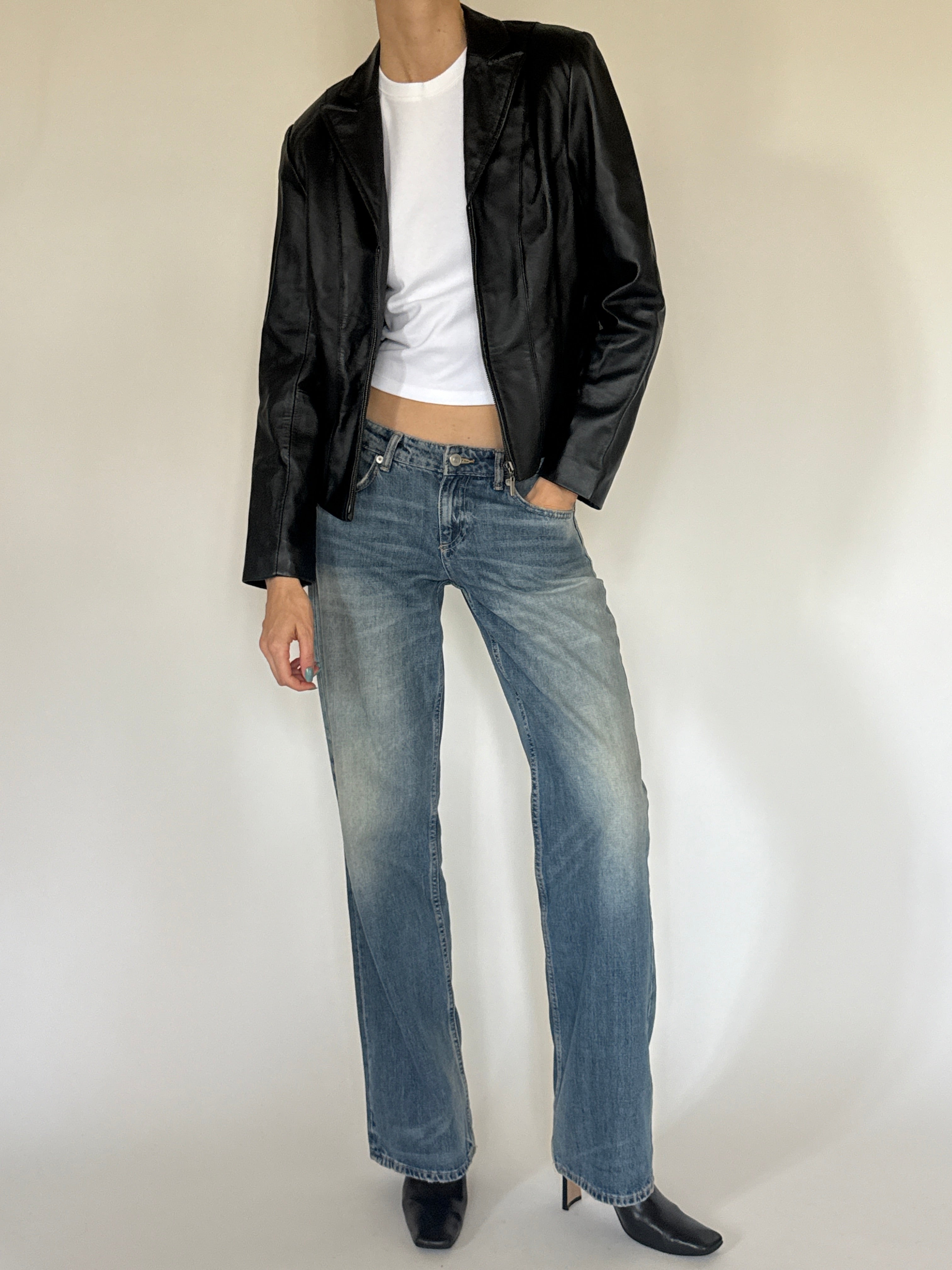 Vintage black leather jacket front view