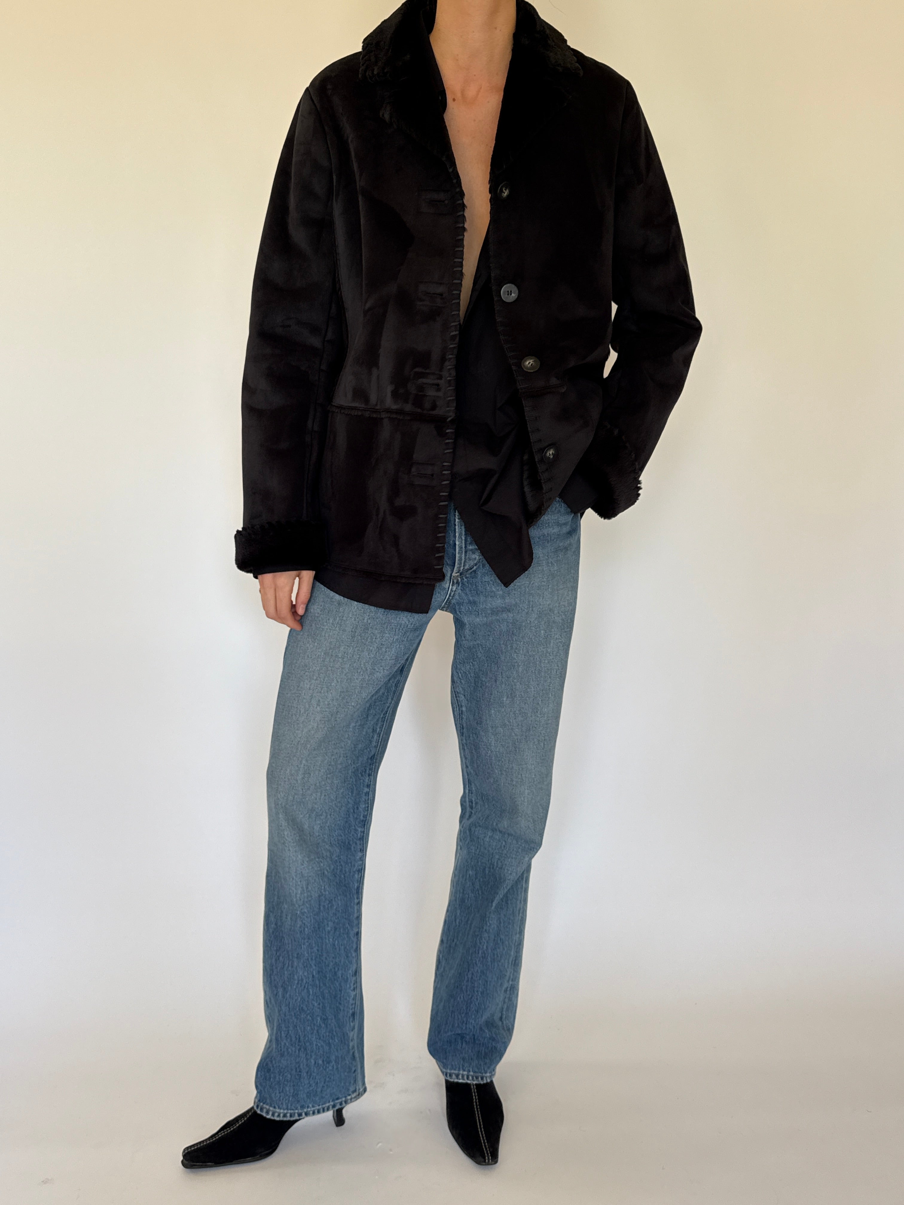 Vintage black shearling trim jacket cuff detail shearling edge