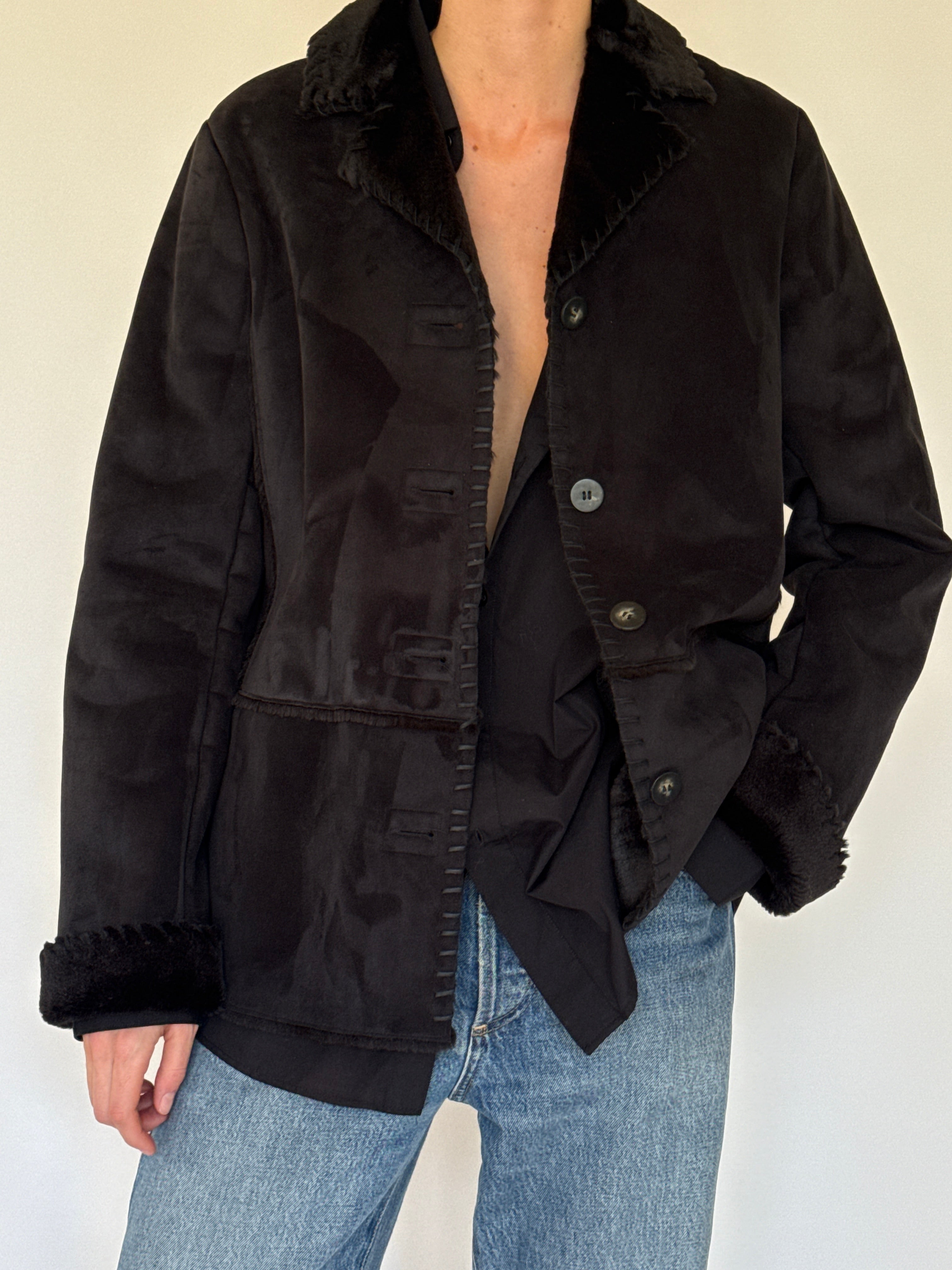 Vintage black shearling trim jacket collar detail shearling trim