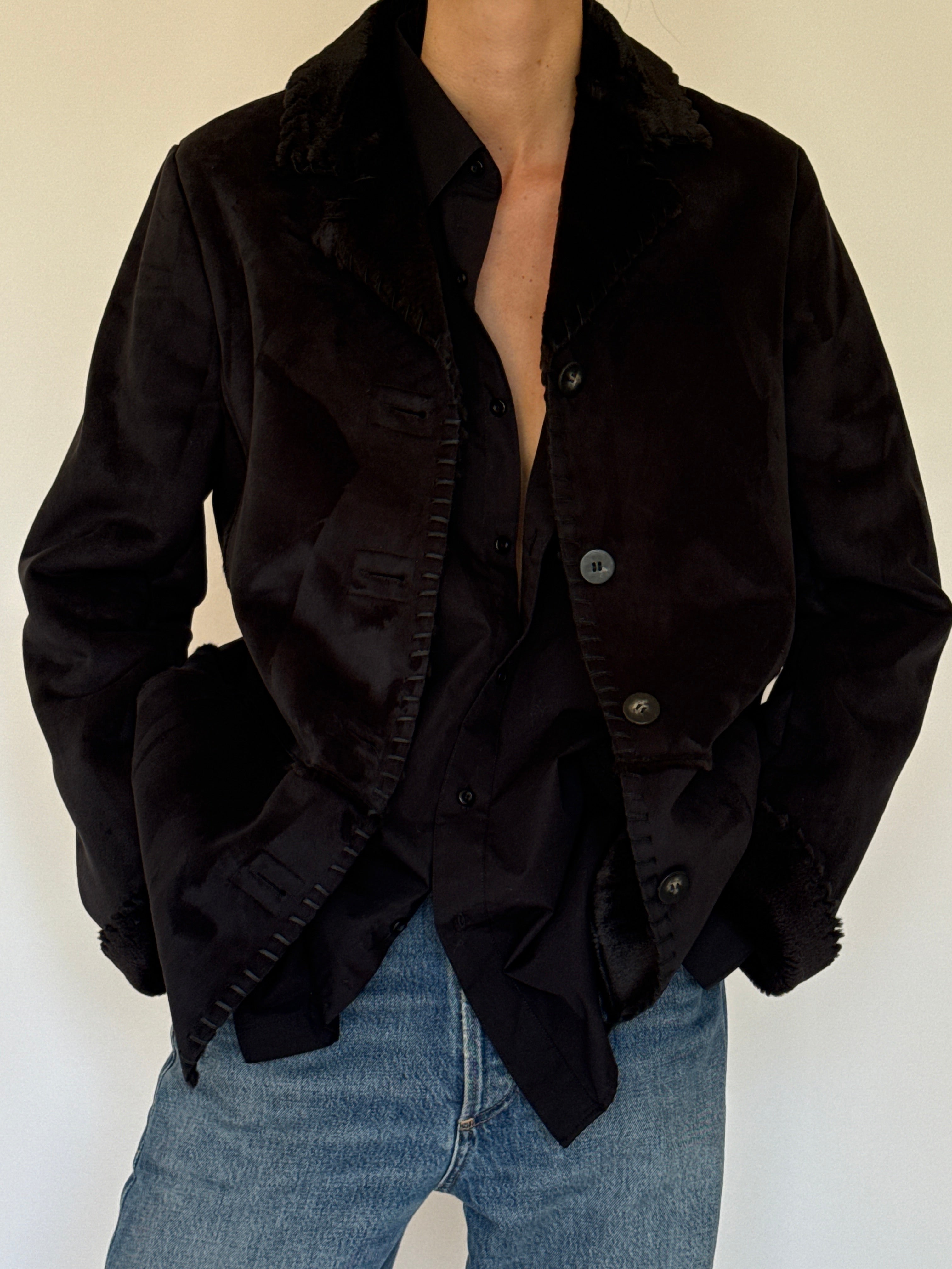 Vintage black shearling trim jacket front edge trim detail