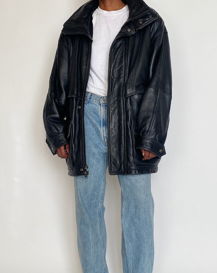 VINTAGE OVERSIZED BLACK LEATHER JACKET 4266