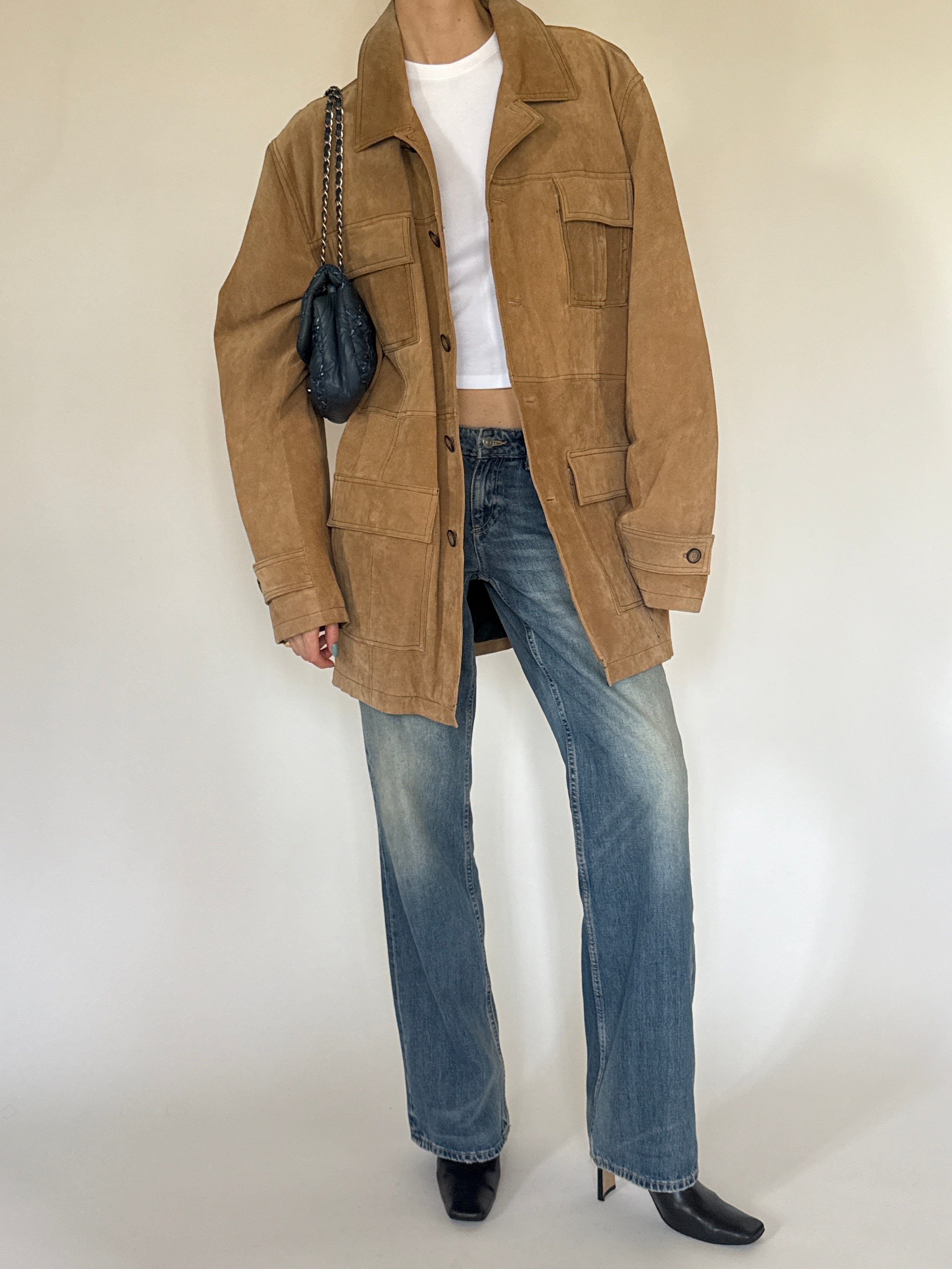Vintage camel suede leather utility jacket front view