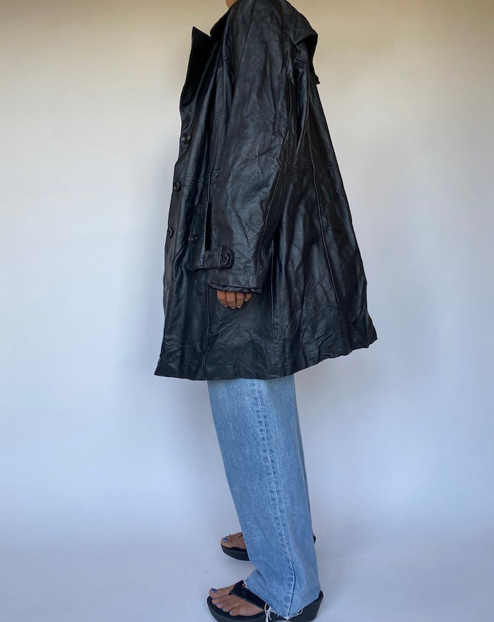 VINTAGE LONG BLACK LEATHER JACKET 2782