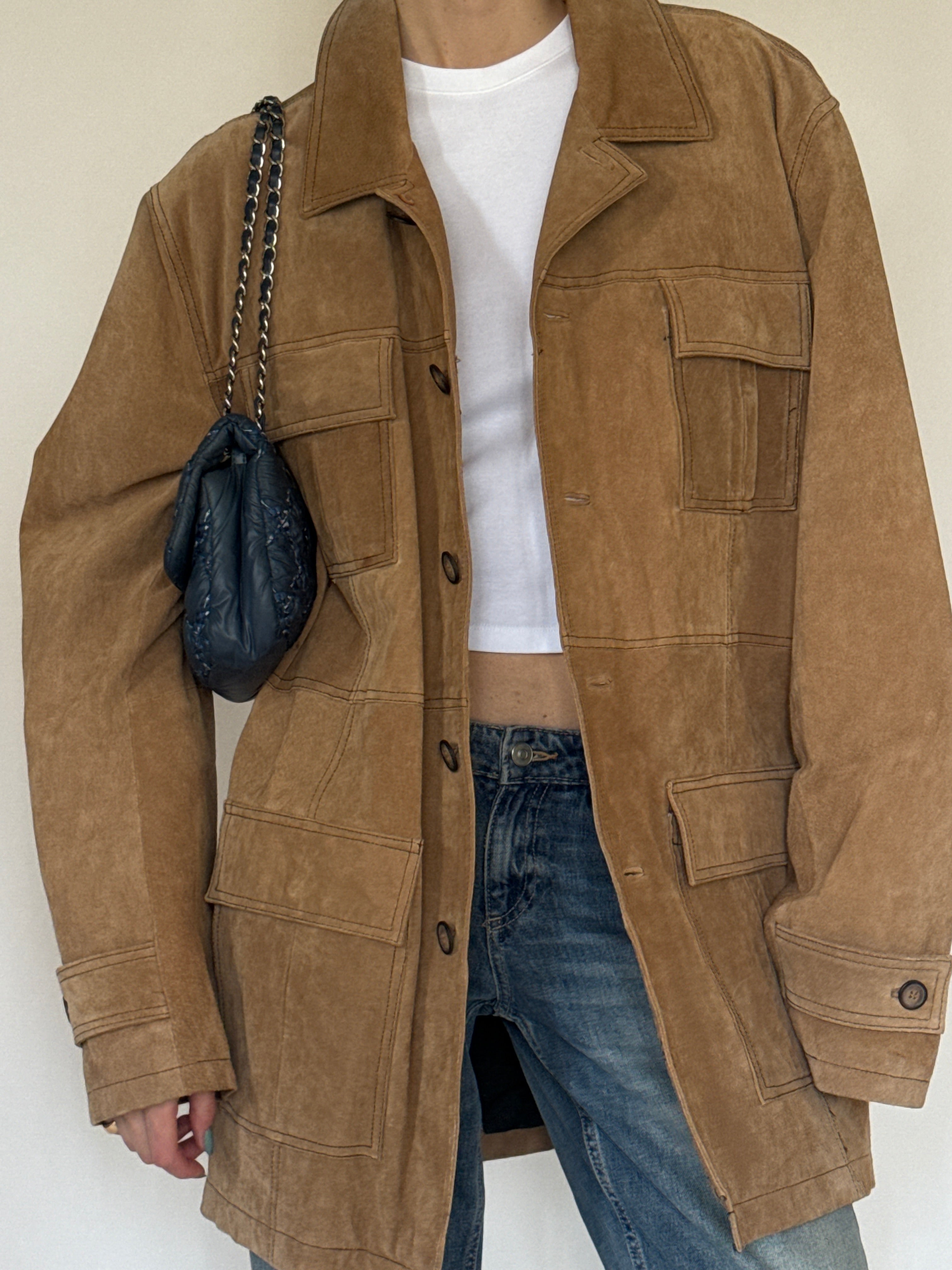 Vintage camel suede leather utility jacket front view