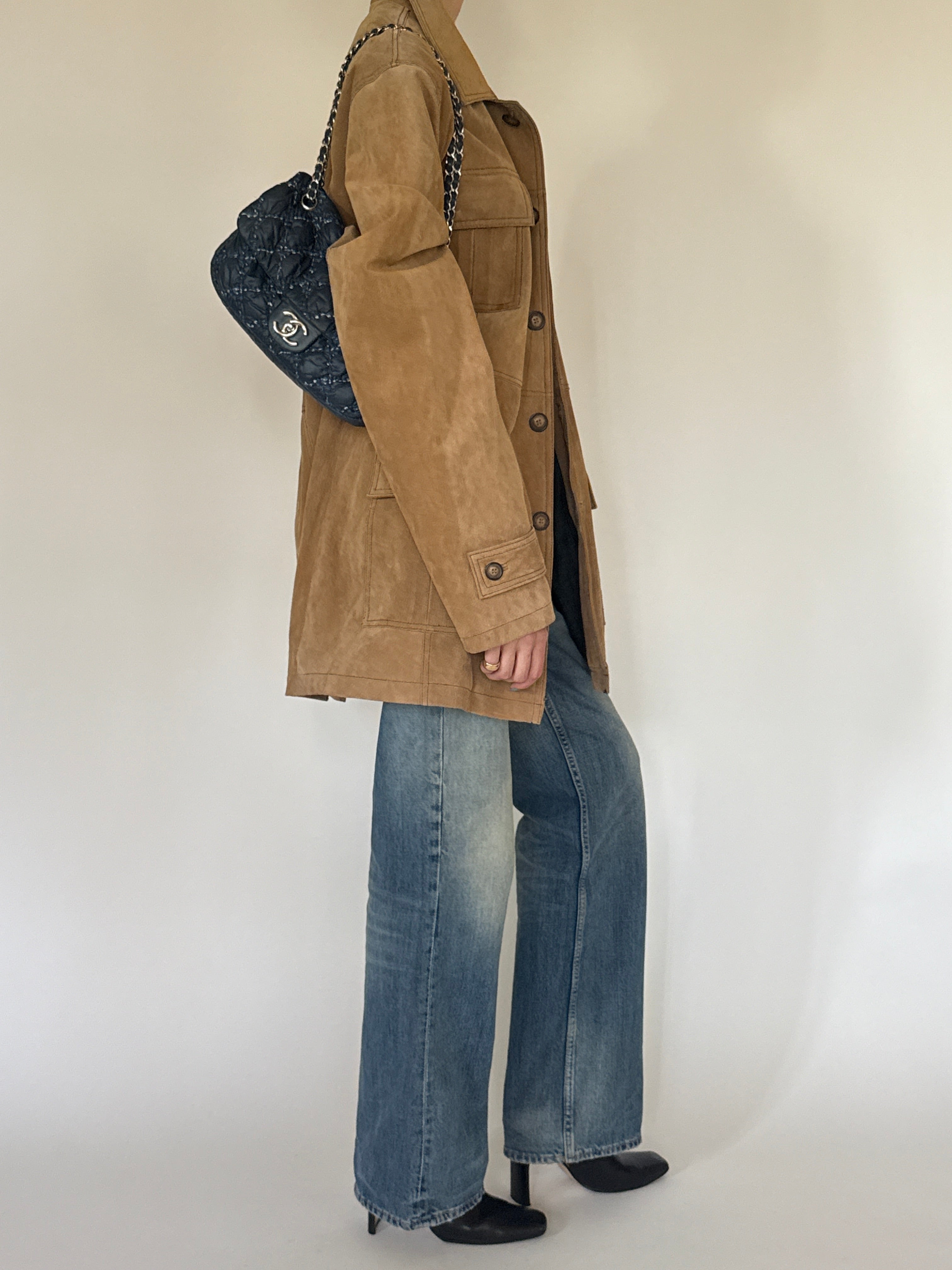 Vintage oversized suede leather jacket side view