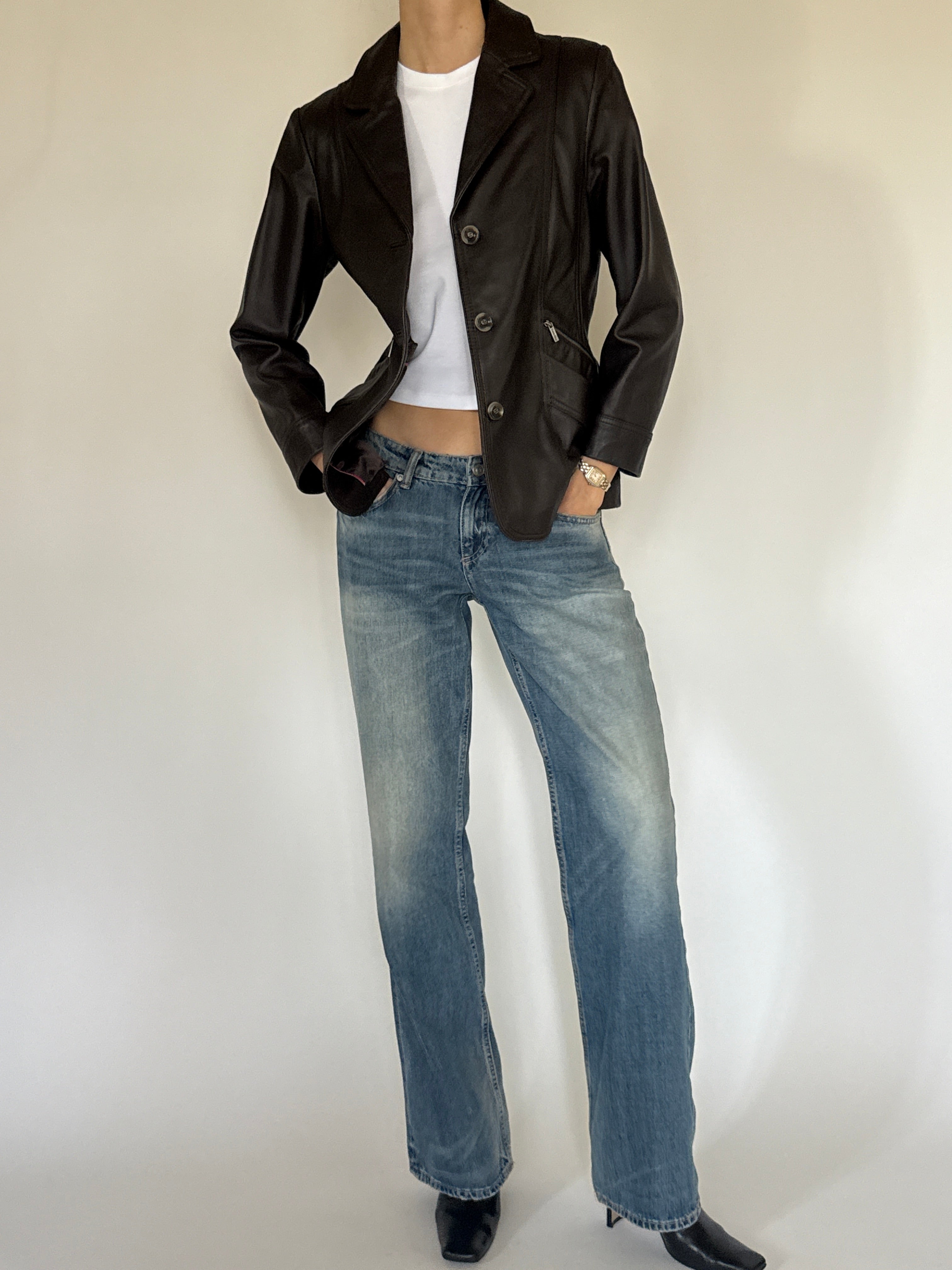 Vintage dark brown leather jacket front view