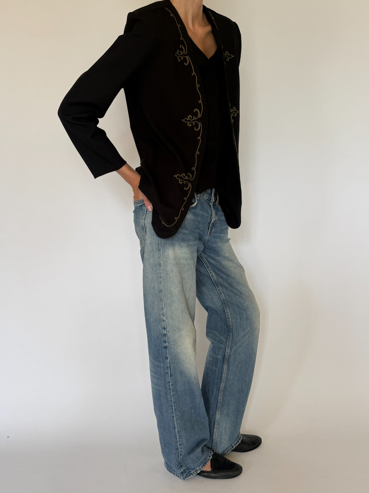 Vintage black embroidered blazer vest set styled angle