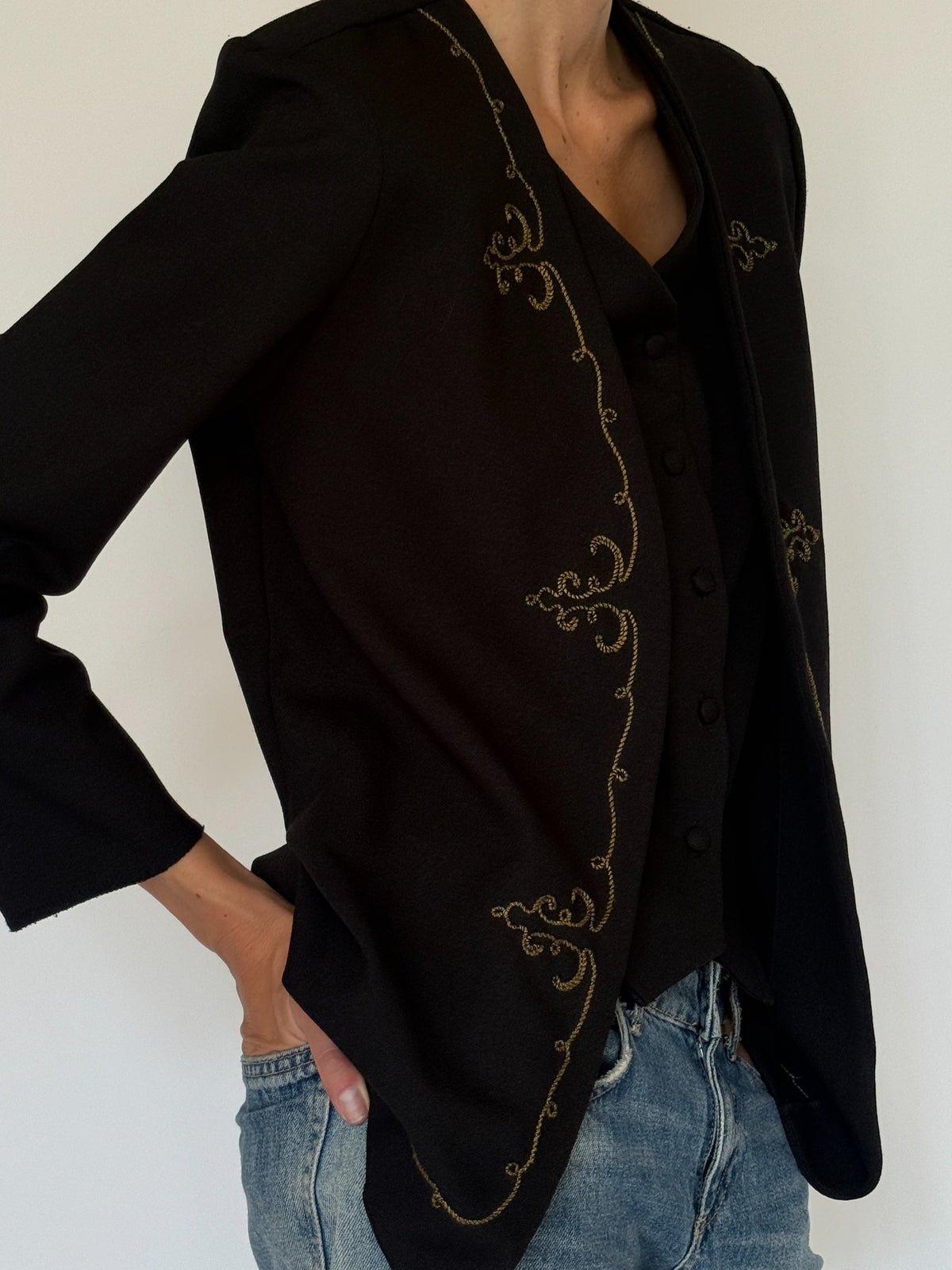 Vintage black embroidered blazer vest set embroidery detail