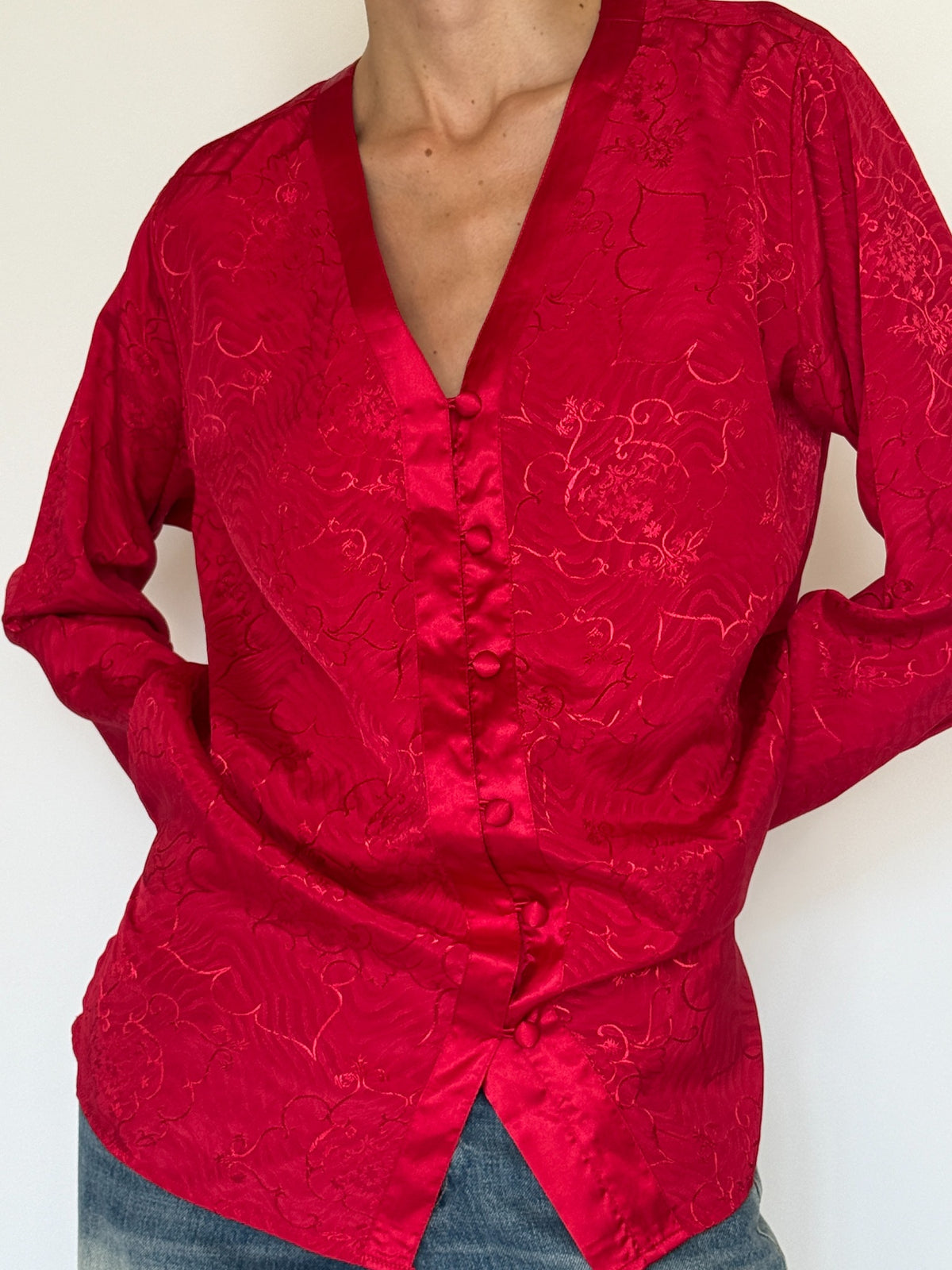 Vintage red jacquard blouse angled front view