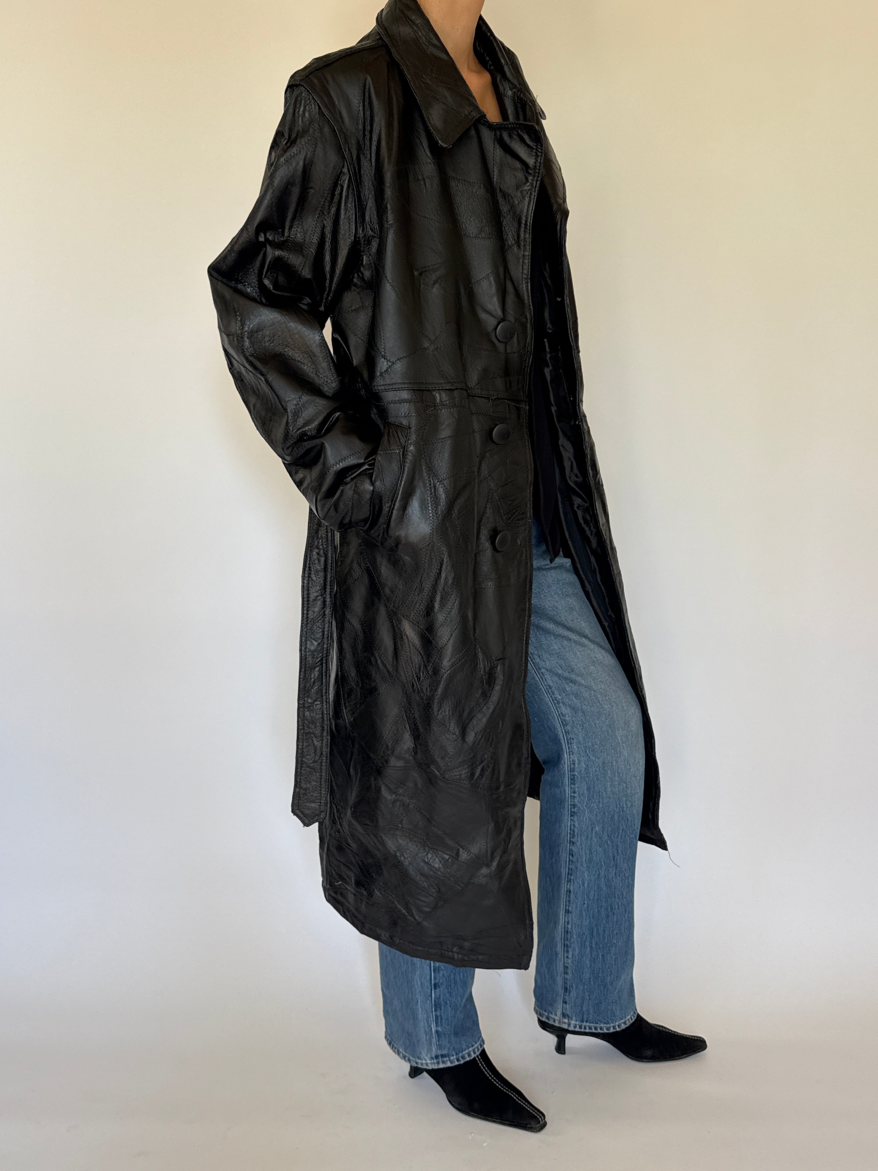 Vintage leather trench coat black side view