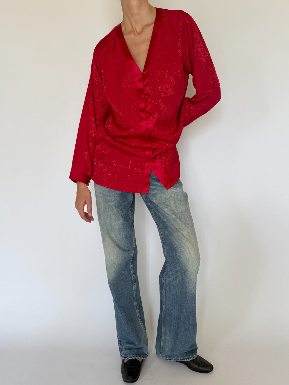 Vintage red jacquard blouse front view