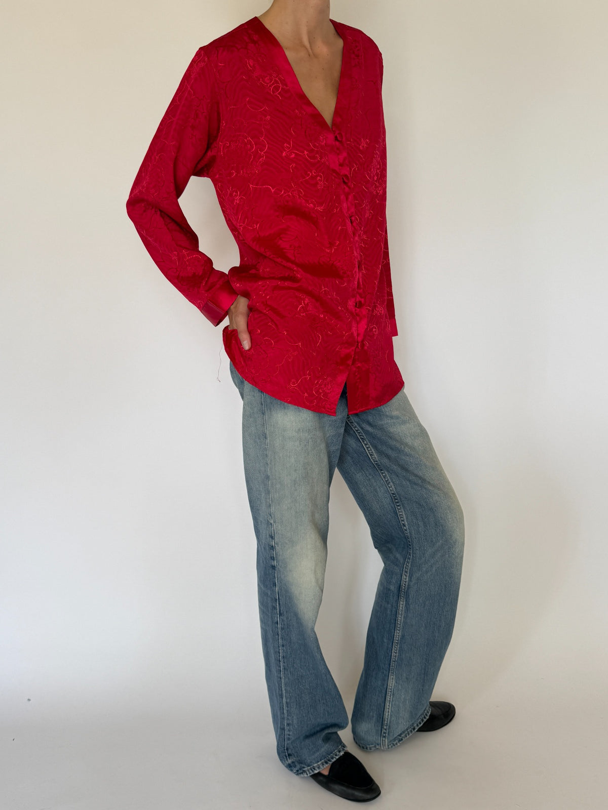 Vintage red jacquard blouse side view