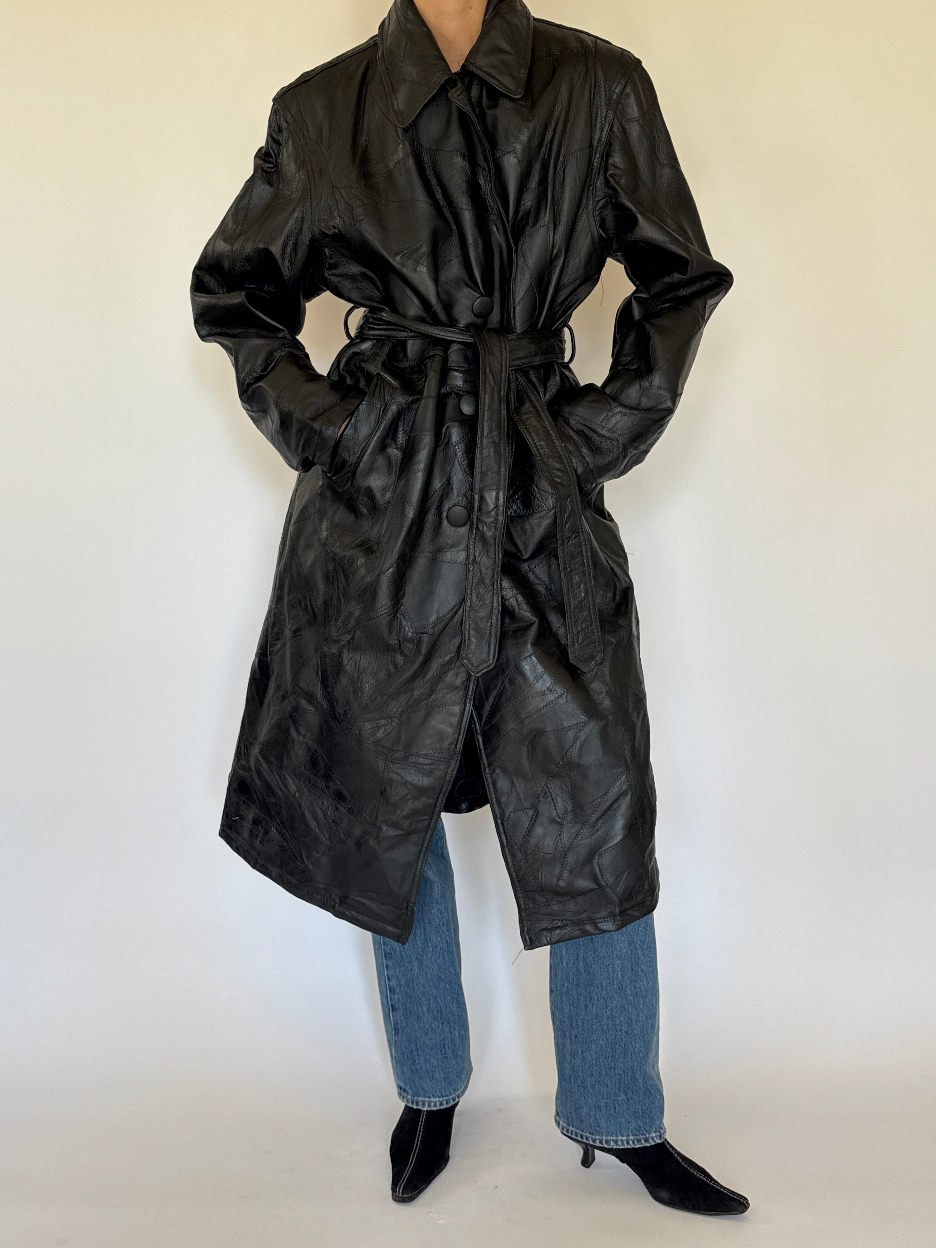 Vintage black leather belted trench coat front view