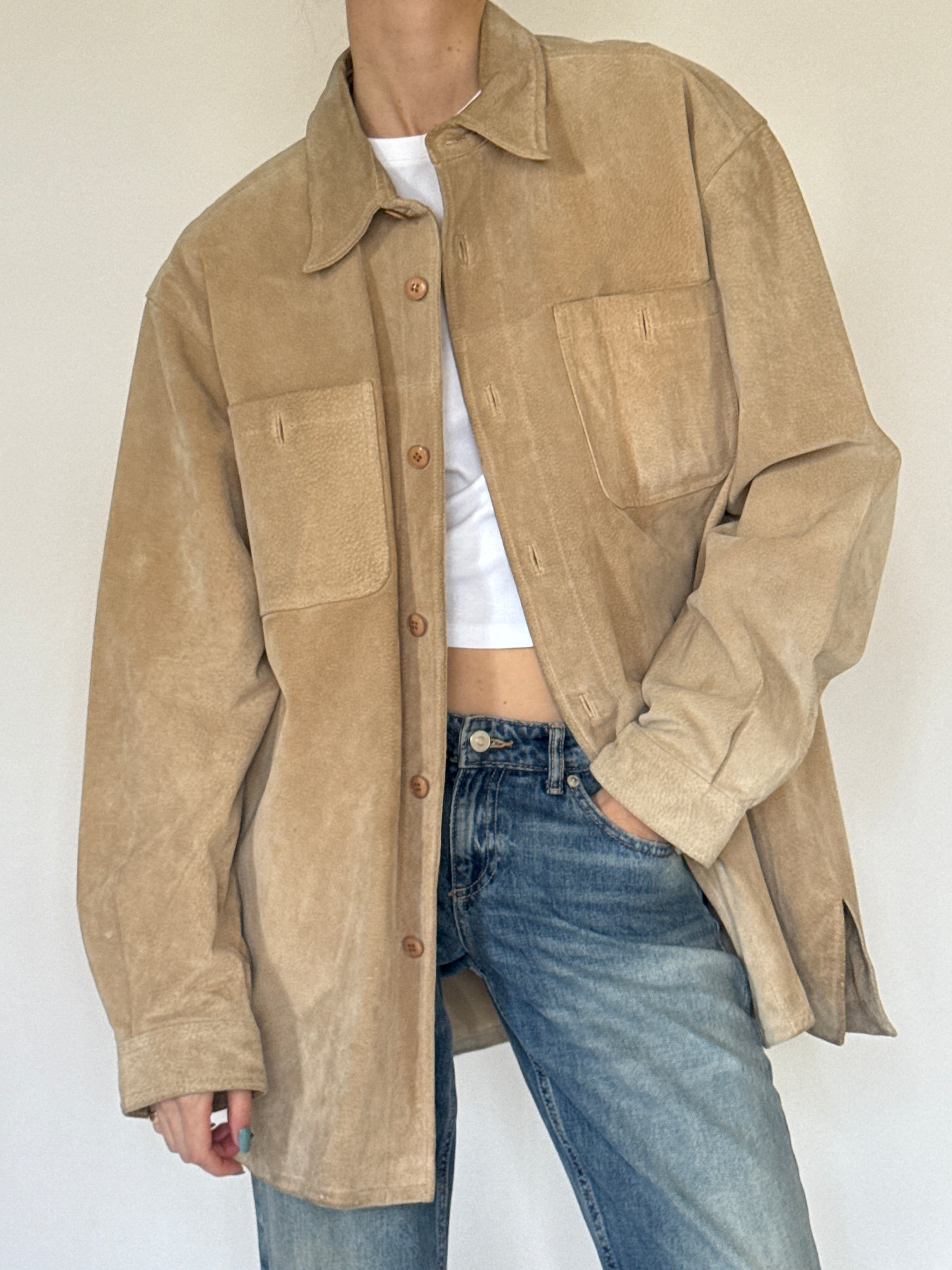 Vintage soft suede leather jacket with button closure