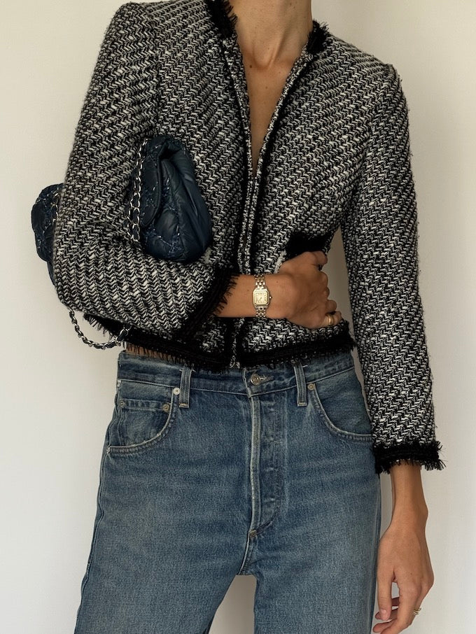 Vintage Tweed Cropped Jacket with Fringed Trim 6607